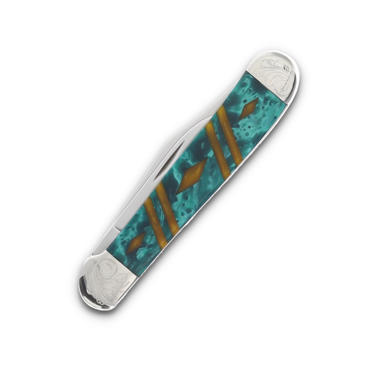 Case 2 Blade Copperhead Engraved Bolster Green/Gold Handle CA9249GNGLDDE View 6