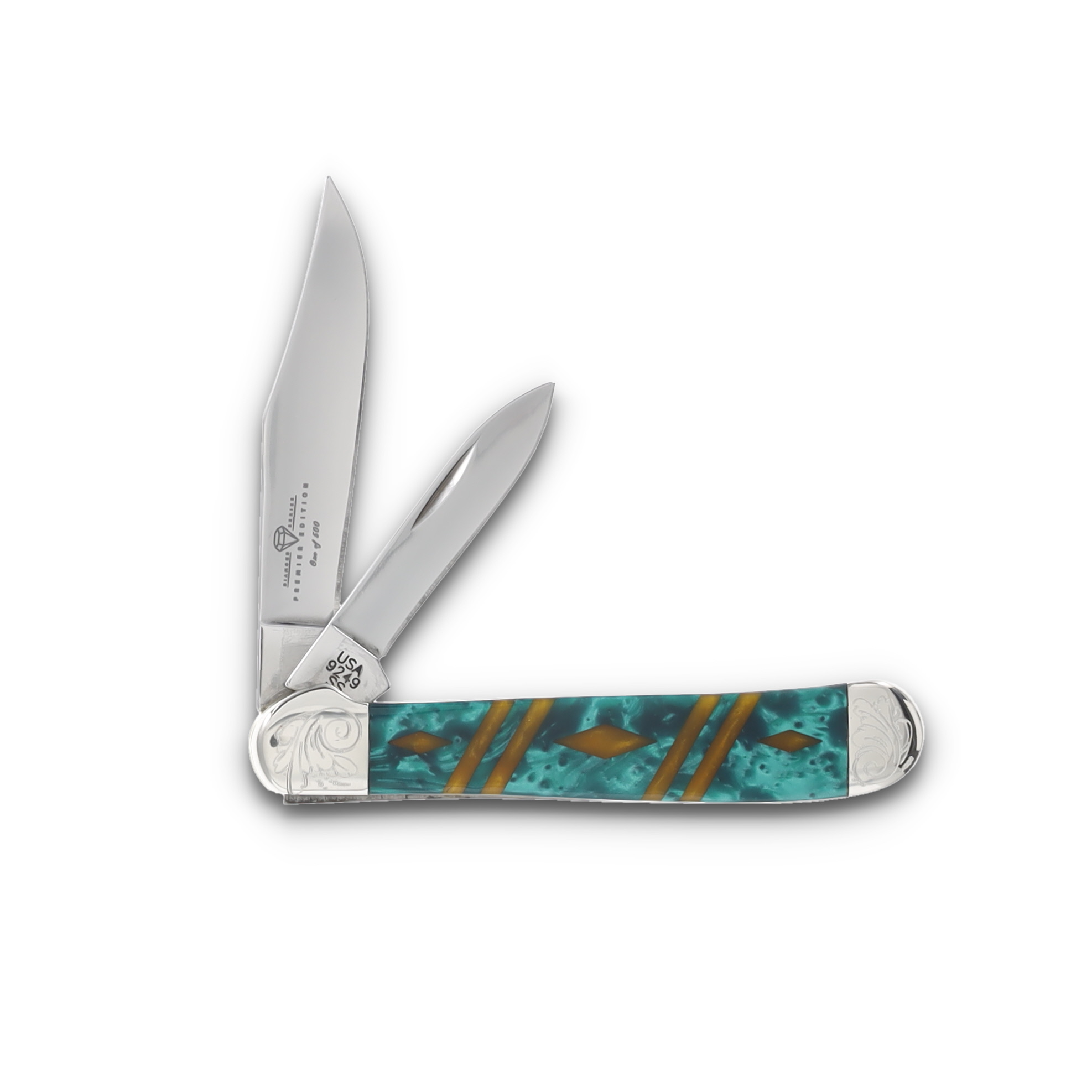Case 2 Blade Copperhead Engraved Bolster Green/Gold Handle CA9249GNGLDDE View 2