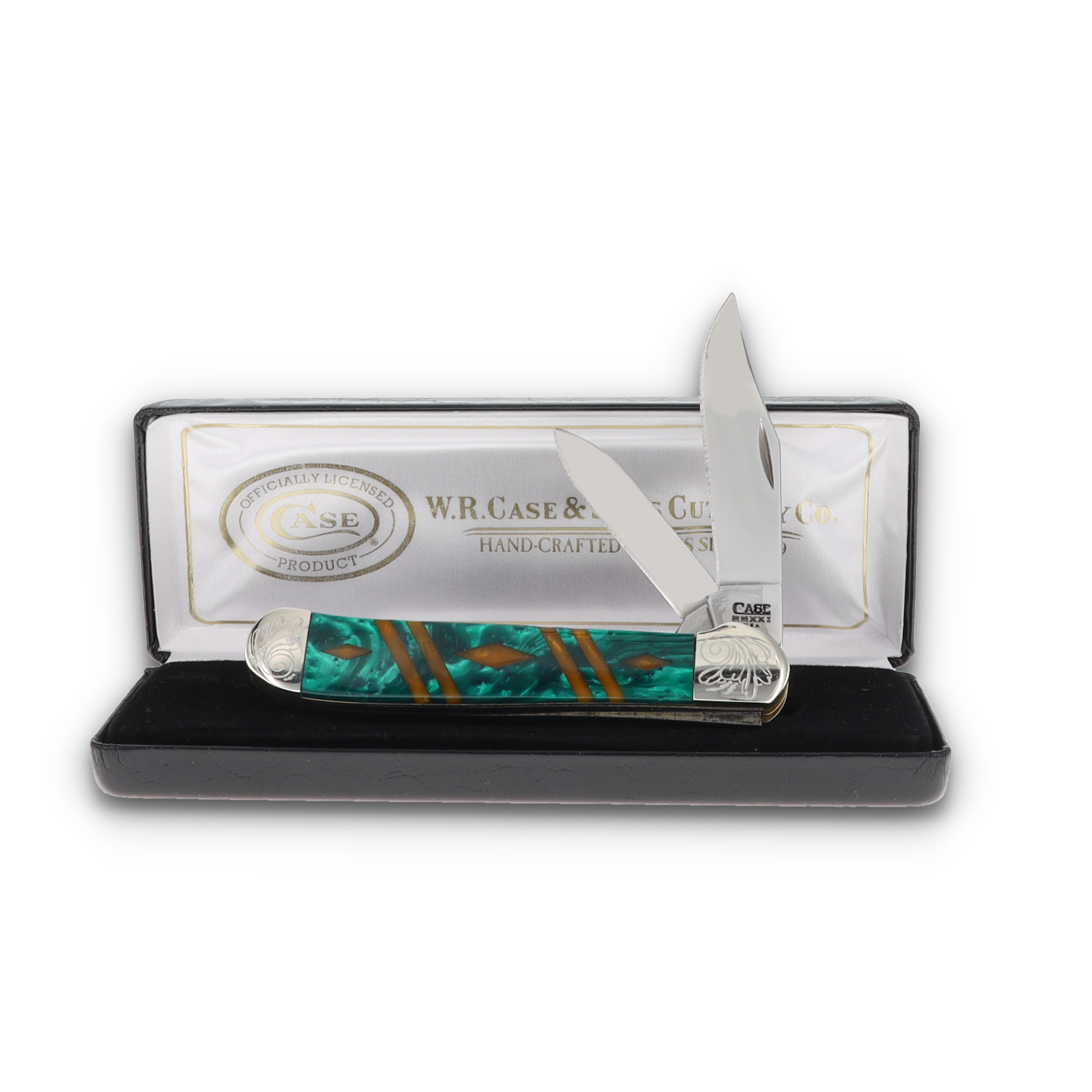 Case 2 Blade Copperhead Engraved Bolster Green/Gold Handle CA9249GNGLDDE View 3