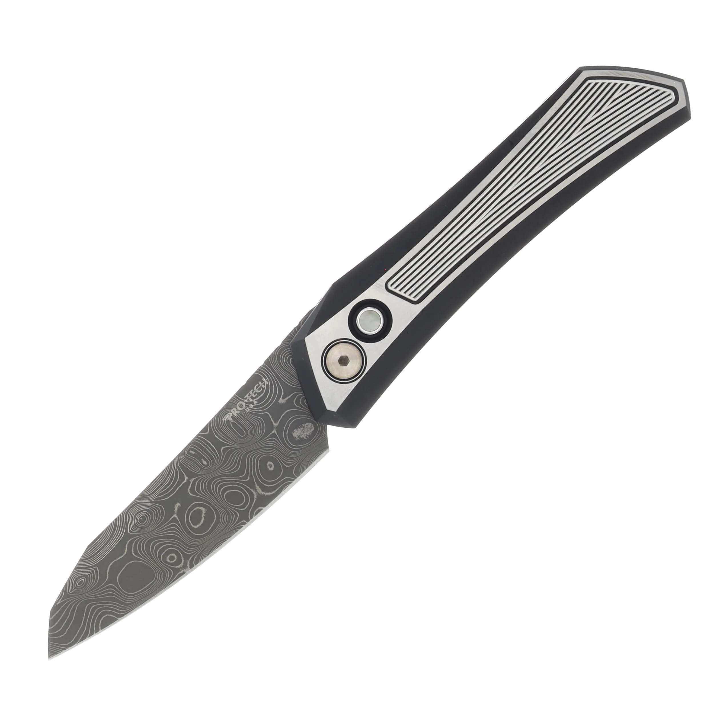 Pro Tech Auto Oligarch Sinkevich Design DLC 2 Tone 17-4 Stainless Steel Handles With Weave Texture Chad Nichols Virus Damascus Blade AU2025OLIGARCHCUSTOM View 1