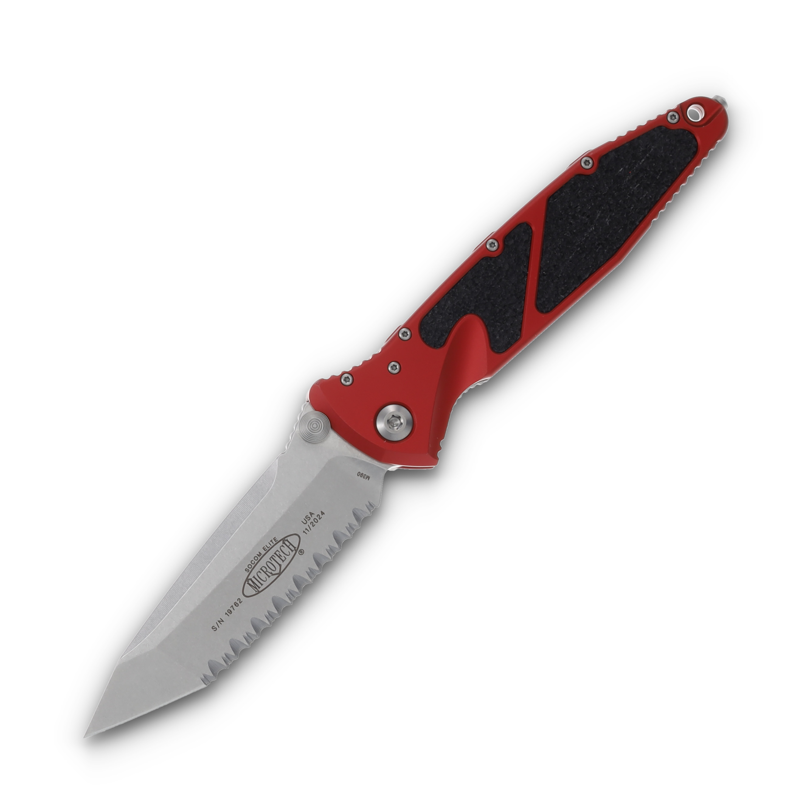 Microtech Socom Elite T/E Stonewash Full Serrated Red Aluminum AUMT16112RD View 1