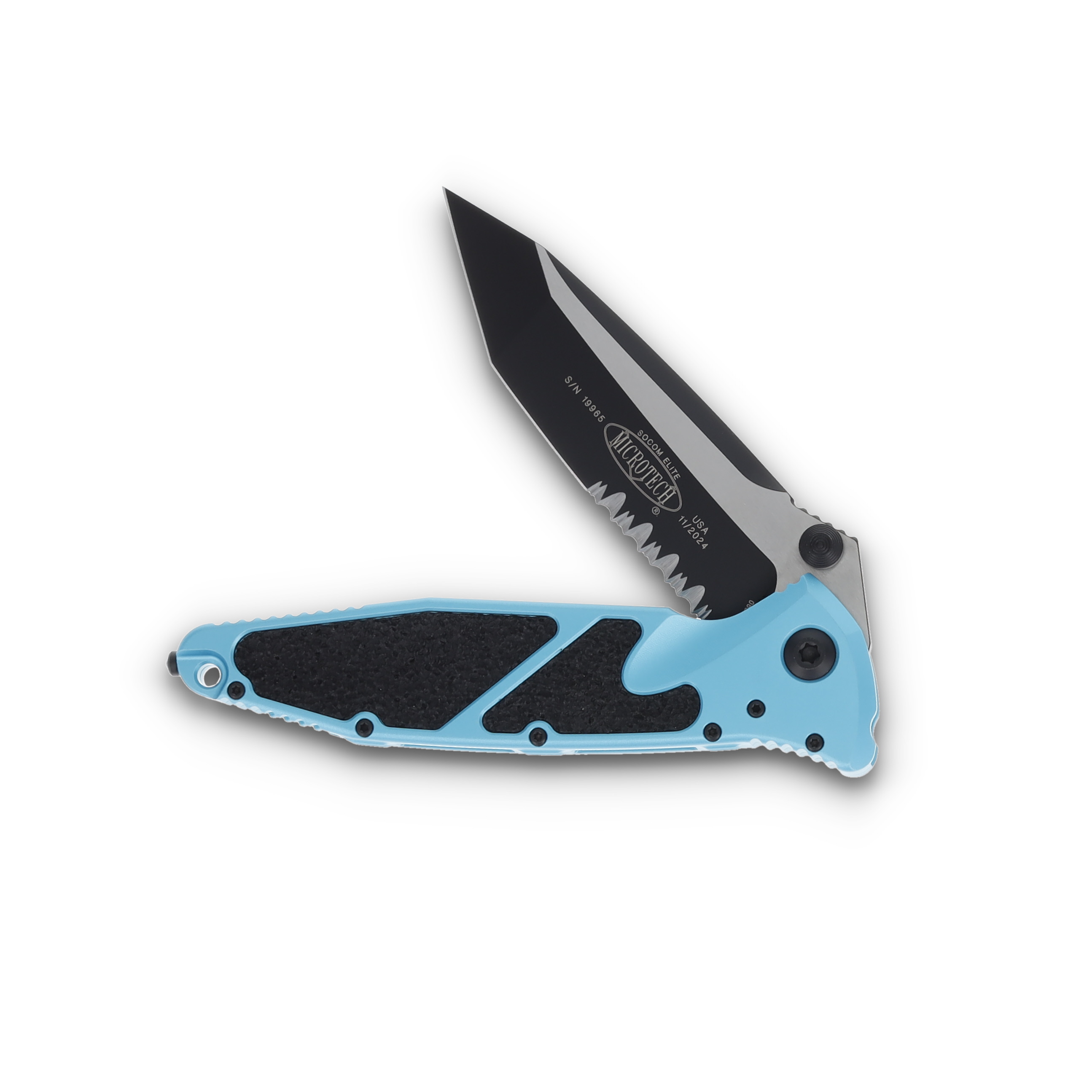 Microtech Socom Elite T/E Black Partial Serrated Turquoise Aluminum AUMT1612TQ View 3