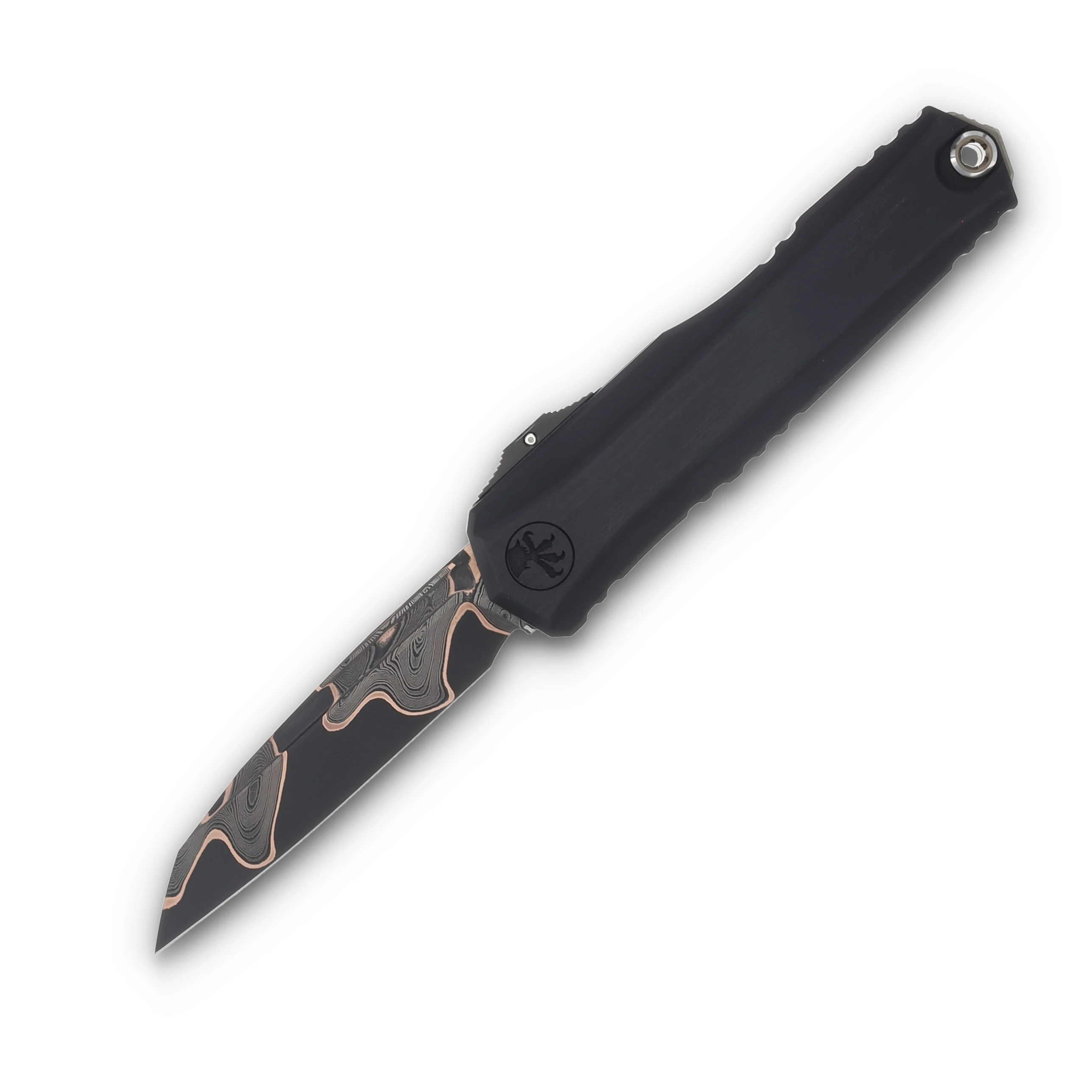 Microtech Cypher II Wharncliffe Marfione Select Baker Forge Coppermai Damascus Hefted Alloy Hard Cut Bronzed w/DLC Accents and Tritium Button Insert AUMT124116MS2 View 1