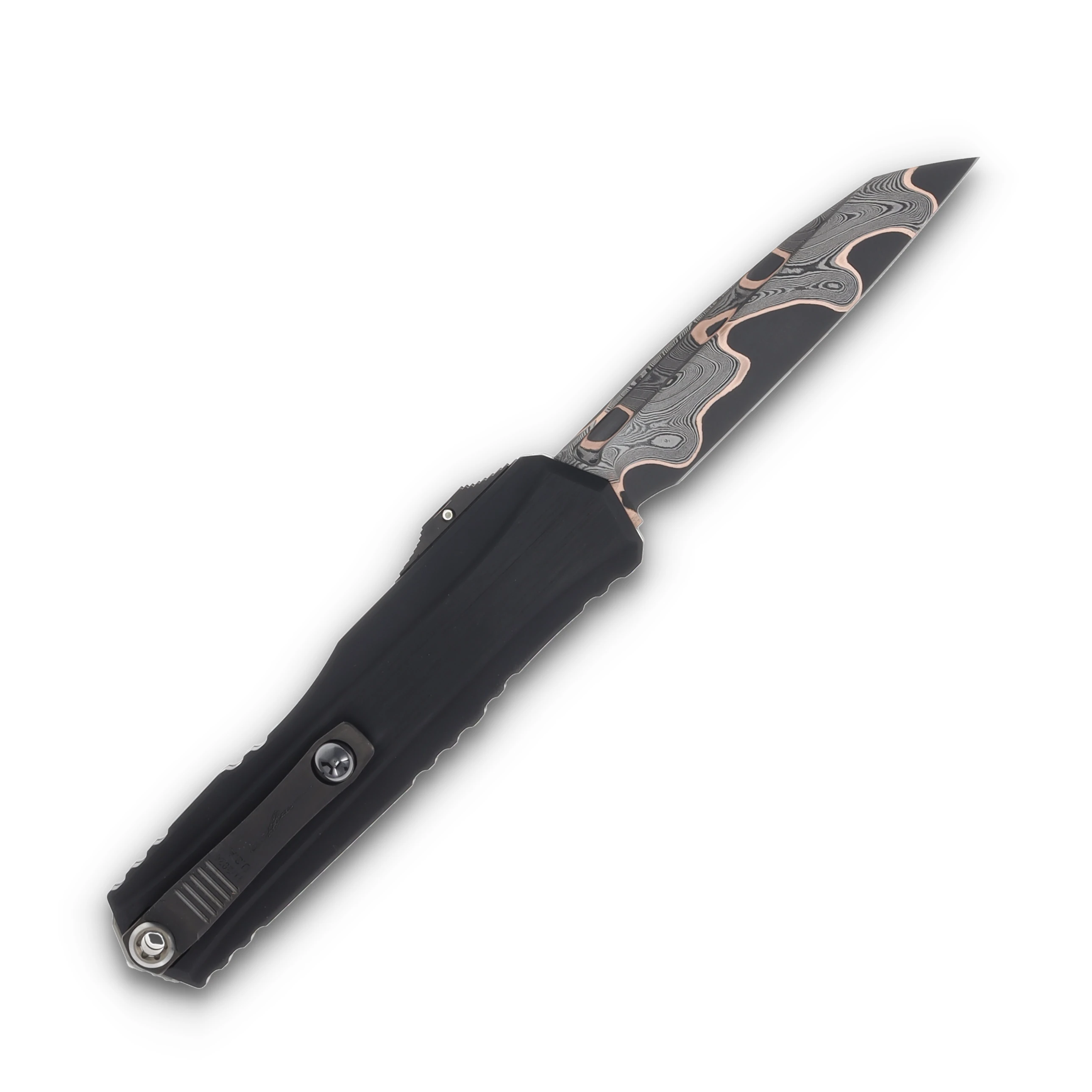 Microtech Cypher II Wharncliffe Marfione Select Baker Forge Coppermai Damascus Hefted Alloy Hard Cut Bronzed w/DLC Accents and Tritium Button Insert AUMT124116MS2 View 2