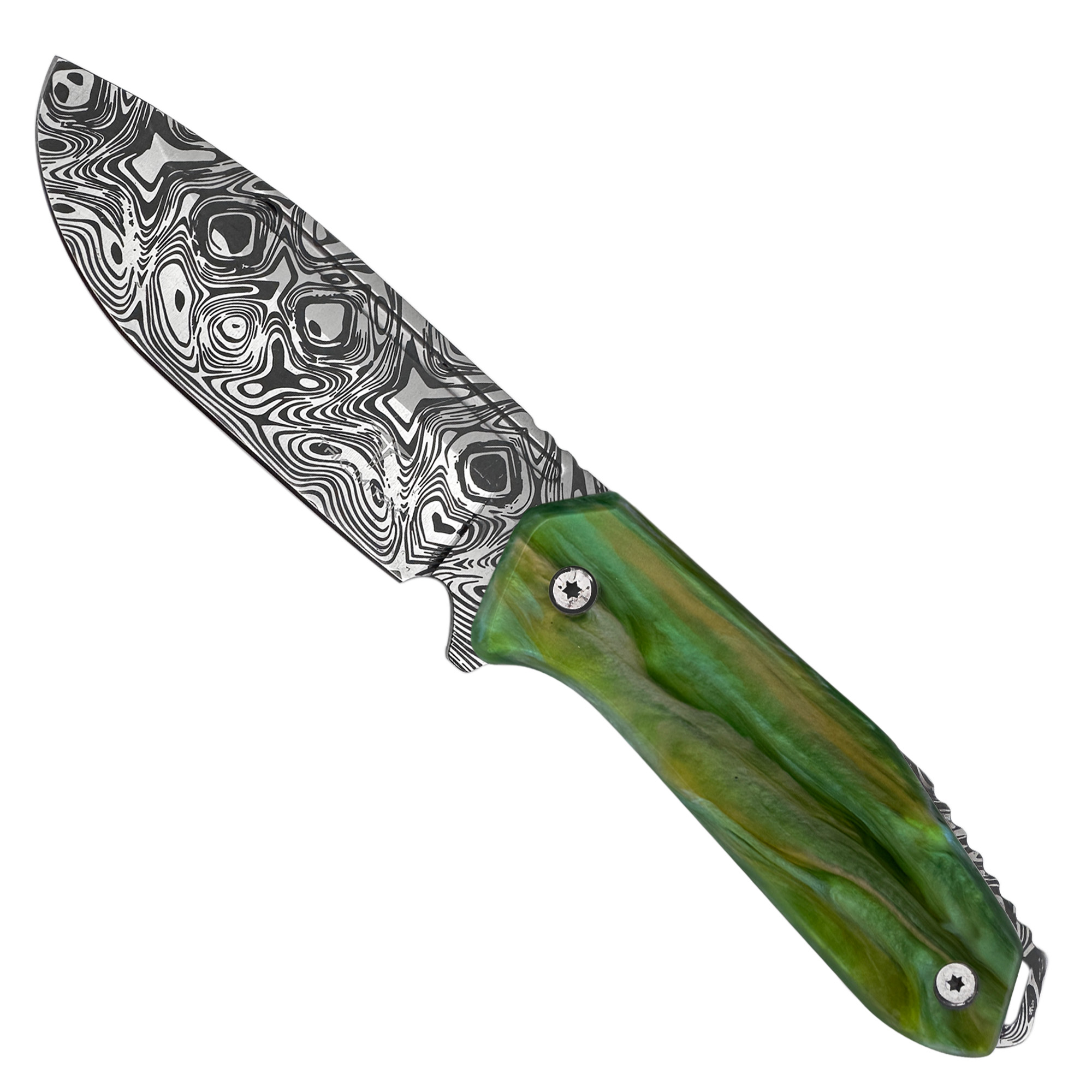 Takumitak Takumi Green Glow Resin Handle Damascus Acid Etched 3Cr13 Drop Point Blade TKF502GN-CS View 1