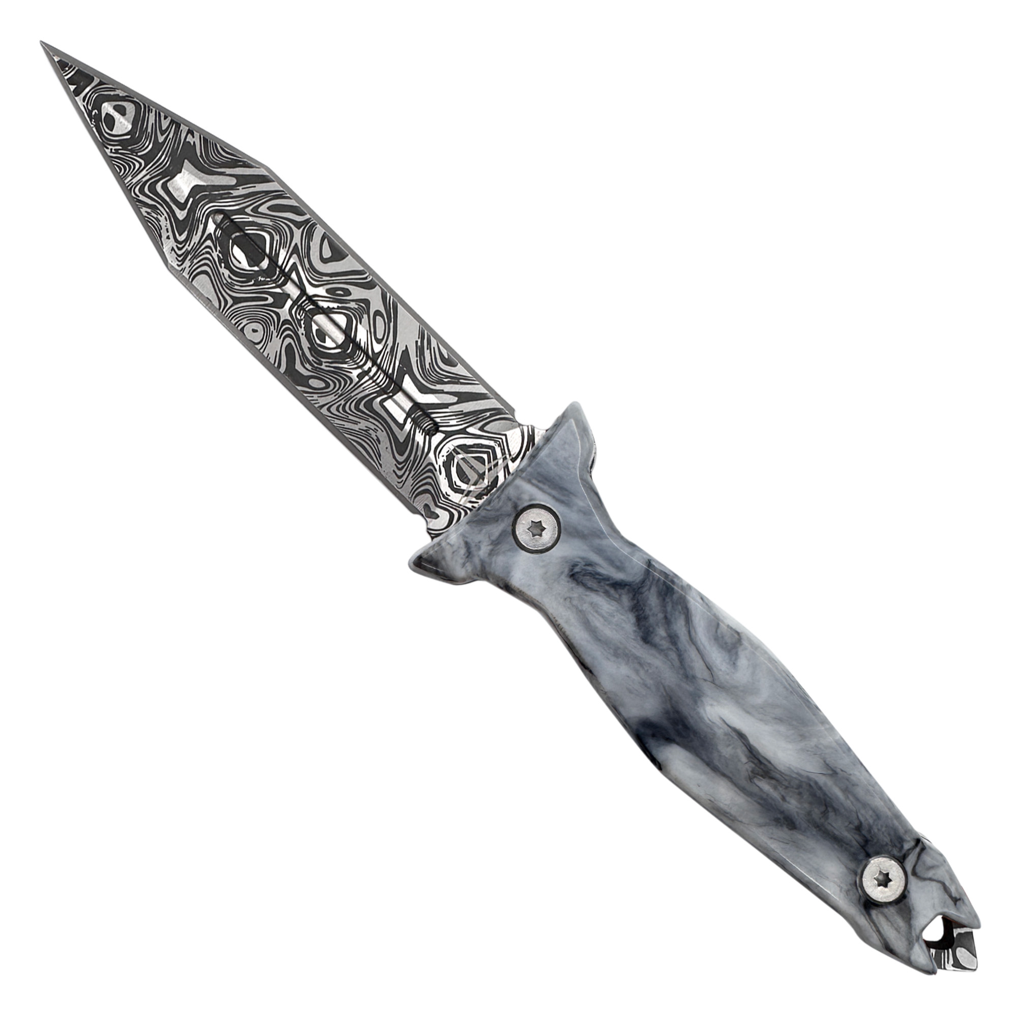 Takumitak Protector Black & White Glow Resin Handle Damascus Acid Etched 3Cr13 Spear Point Blade TKF503BK-CS View 1