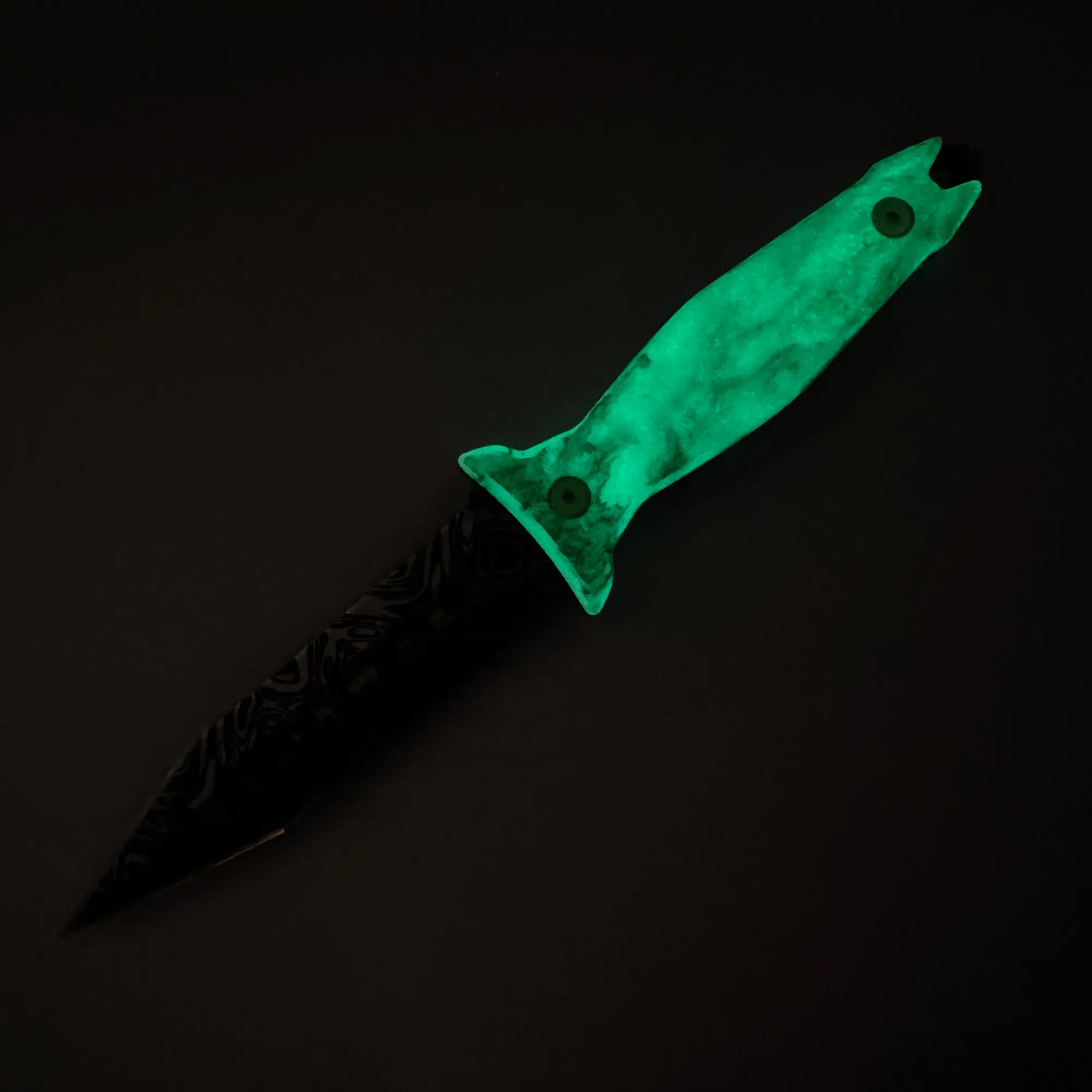 Takumitak Protector Black & White Glow Resin Handle Damascus Acid Etched 3Cr13 Spear Point Blade TKF503BK-CS View 2
