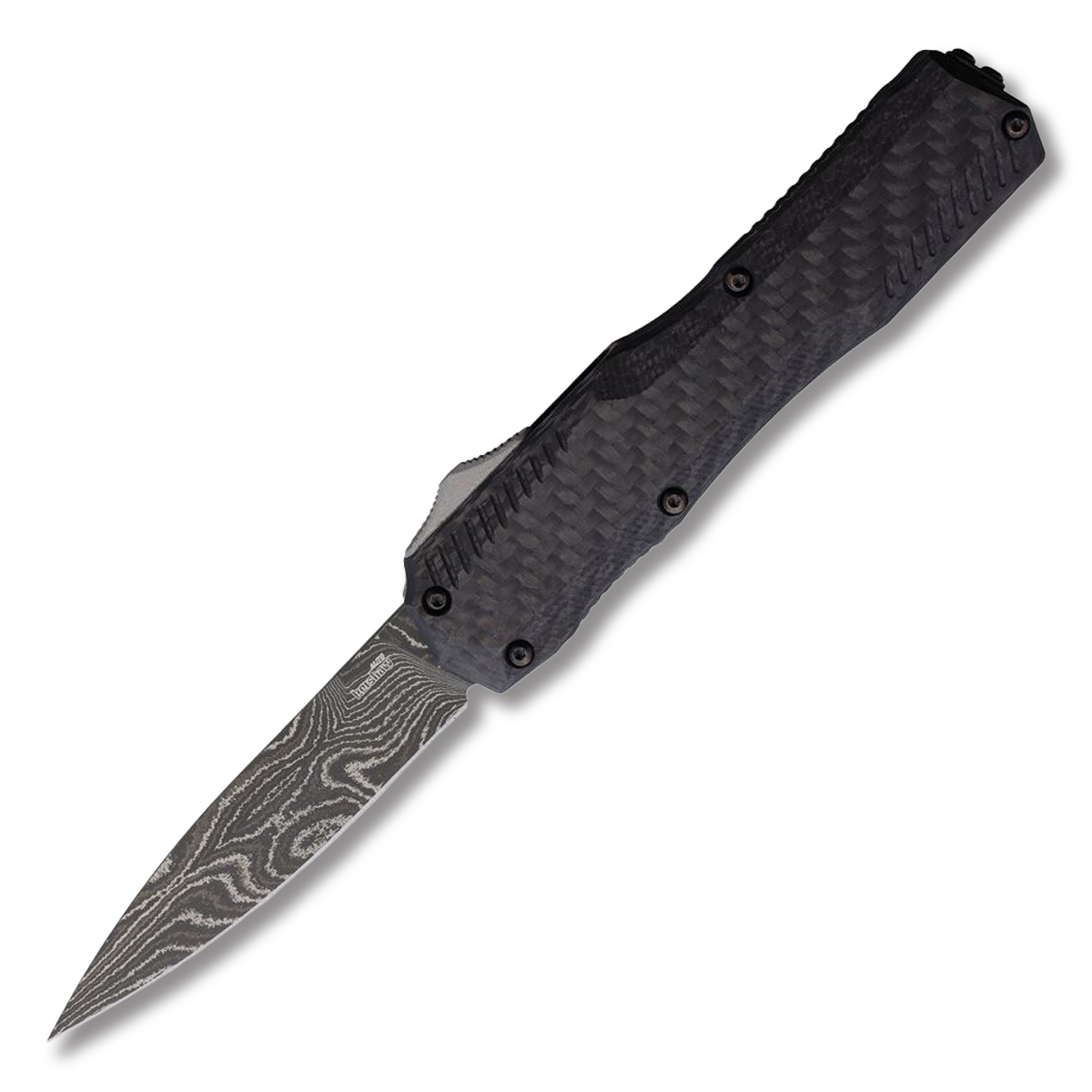 Kershaw Auto Livewire Black Aluminum Handle with Carbon Fiber Top Black Damascus Spear Point Blade AUKS9000CFDAM View 1