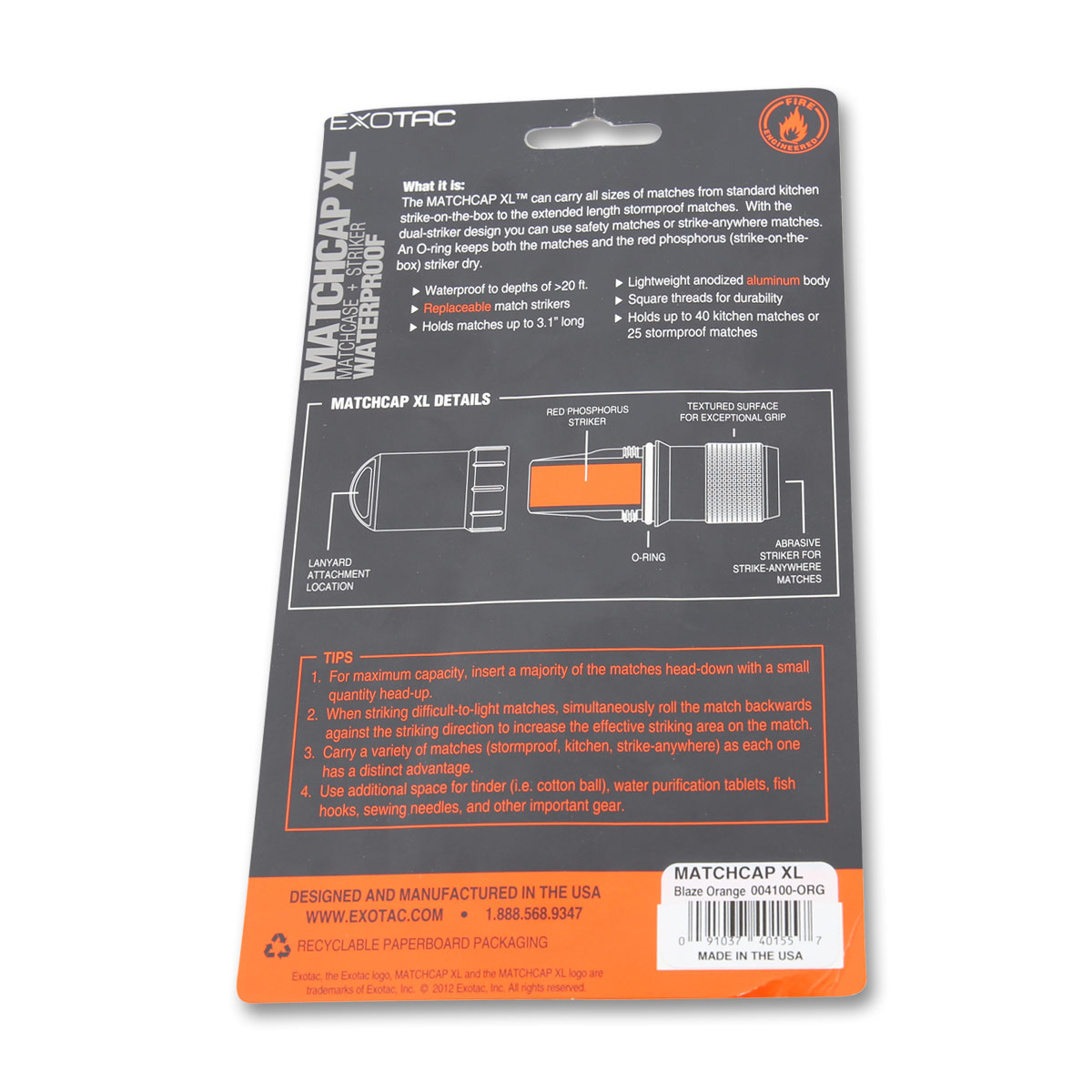 Exotac Orange Machcap XL Match Case and Striker 004100ORG View 7