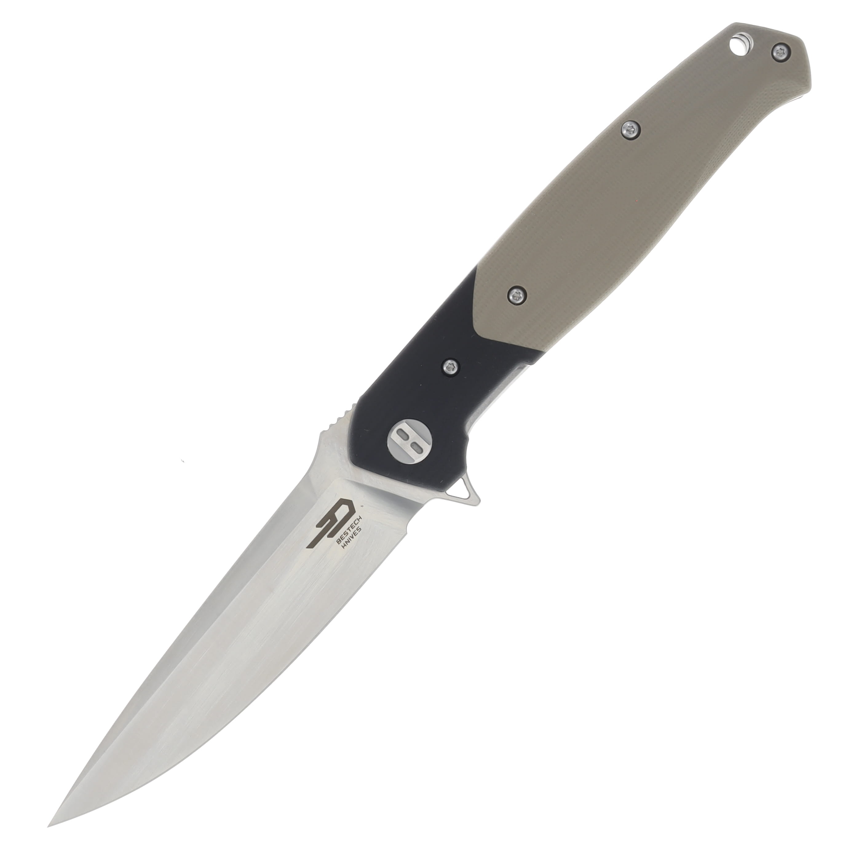 Bestech Knives Swordfish Black-Beige G10 Folding Knife 3.94in Satin Drop Point BG03B View 1