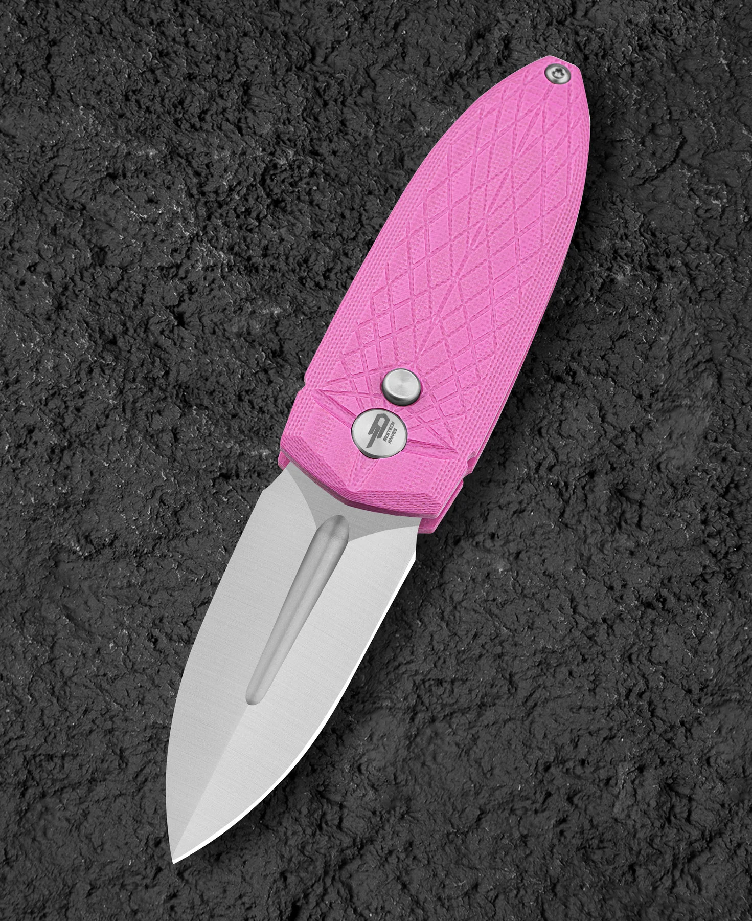 Bestech Knives Ququ Button Lock Folding Knife Satin 14C28N/Pink G-10 BG57A-2 View 1