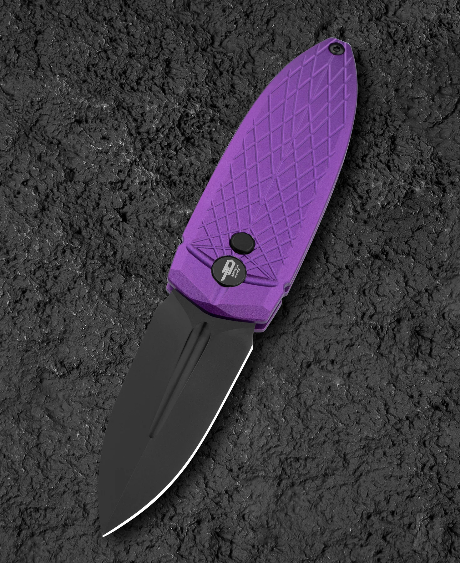 Bestech Ququ Button Lock Folding Knife Black DLC/Purple Aluminum BG57B-5 View 1