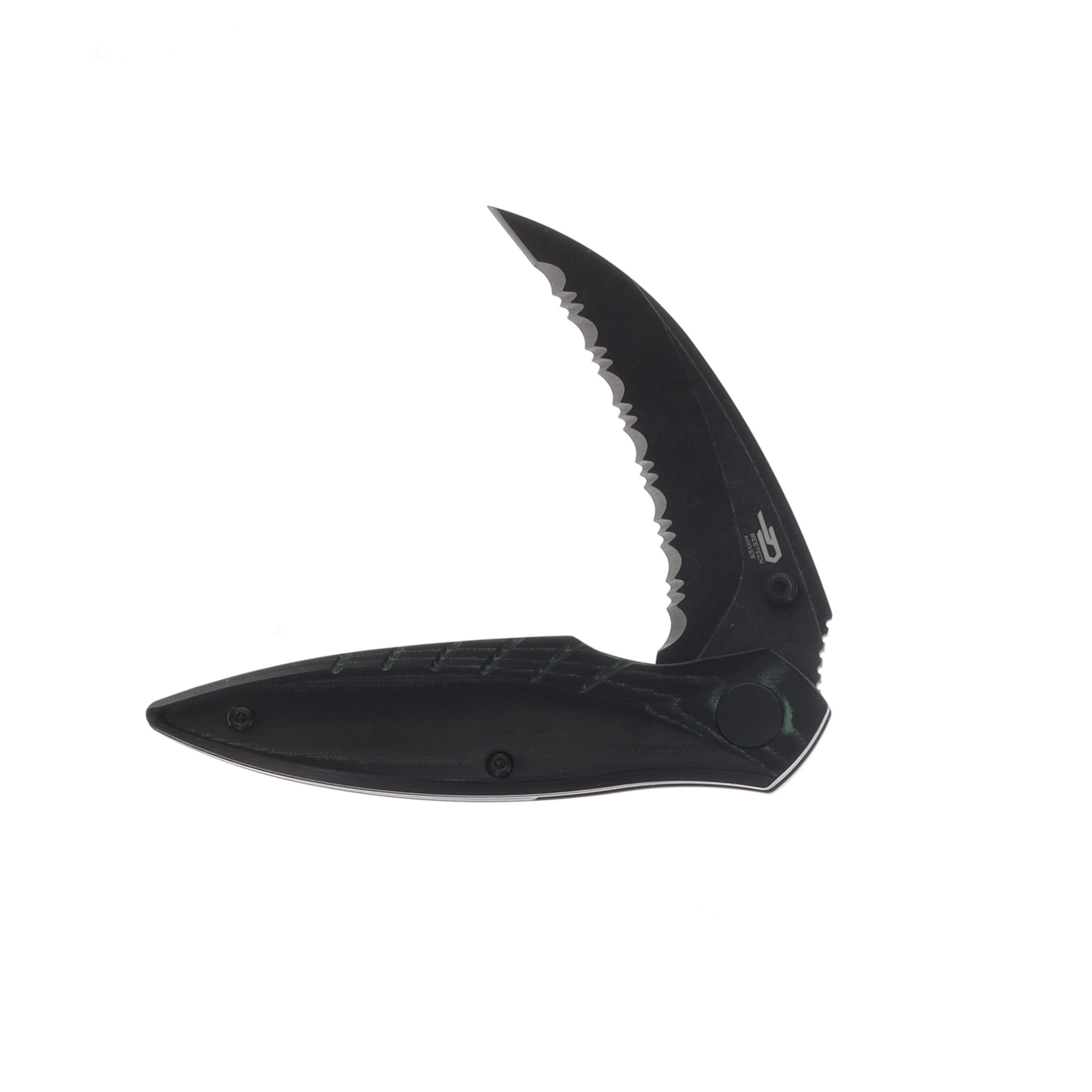 Bestech Knives Mantidae Folding Knife Black Stonewash Serrated 14C28N Hawkbill/Black Micarta BG60F View 3