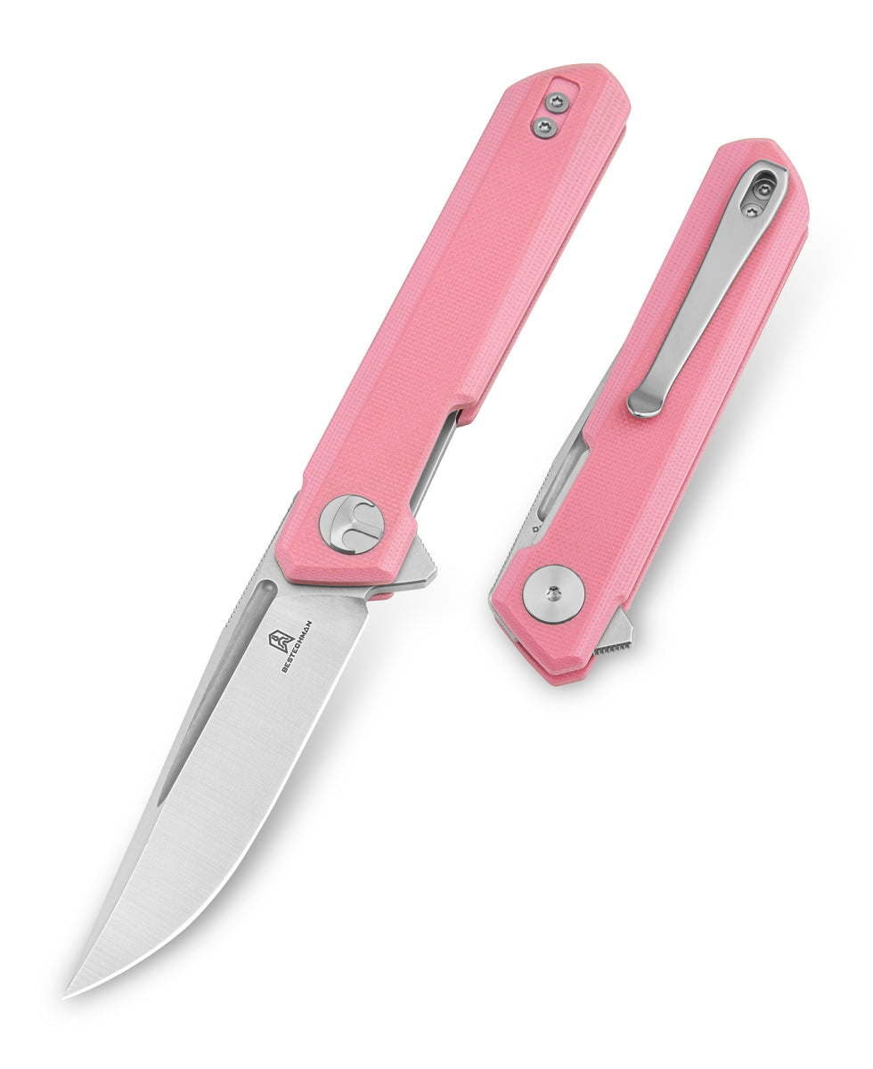 Bestech Knives Bestechman Mini Dundee Pink G-10 Handle Satin D2 Drop Point Blade BMK03B View 1