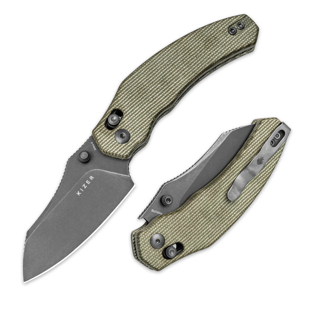 Kizer Bulldog Green Micarta Folding Knife 3in Gray SW Sheepsfoot blade V3672A3 View 2