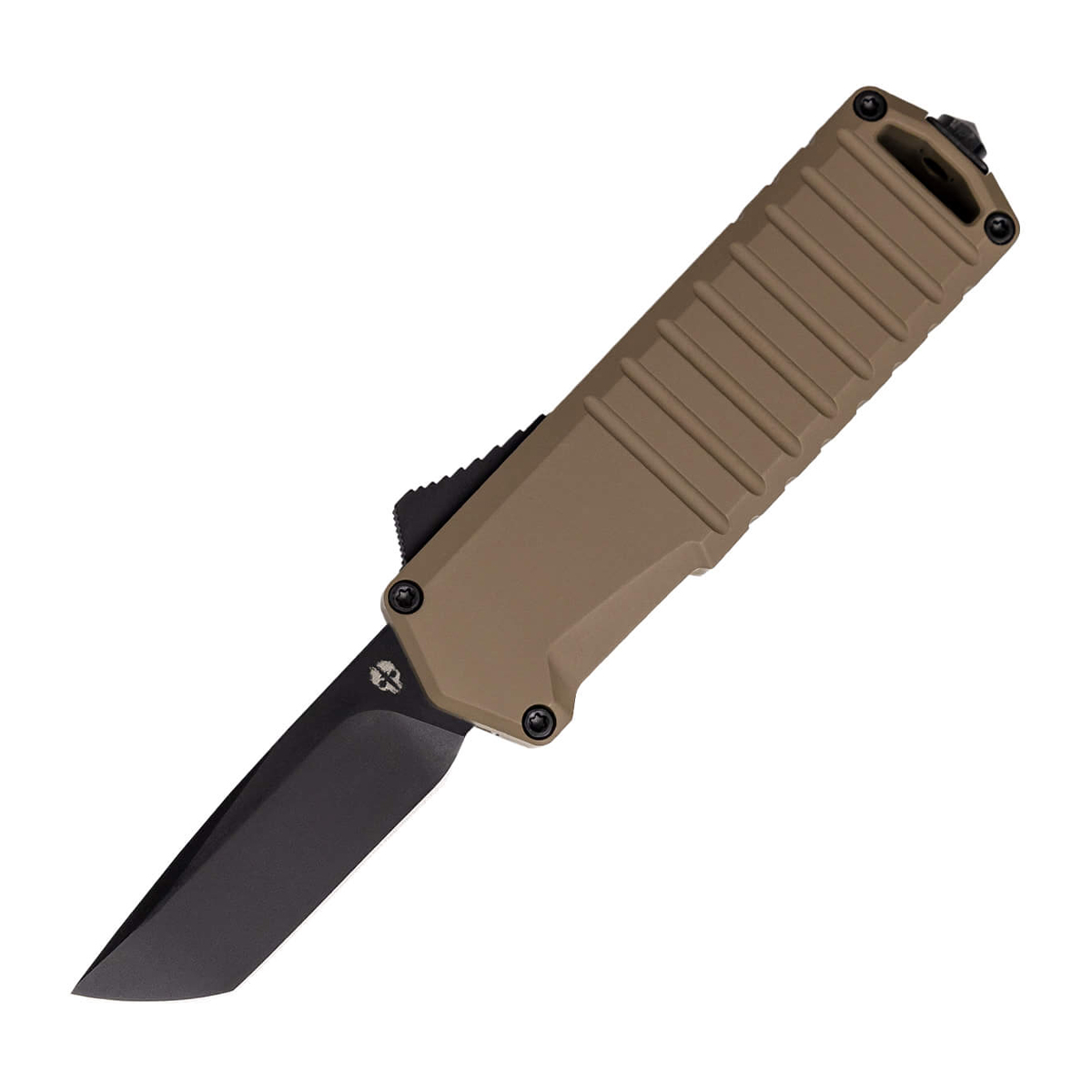 Tekto A2 Badger OTF Auto Knife Aluminum Desert 1.85in Black Plain Tanto AUTKA2S-T6BR-D2BK2-A1 View 1