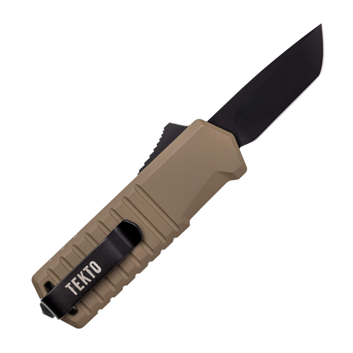 Tekto A2 Badger OTF Auto Knife Aluminum Desert 1.85in Black Plain Tanto AUTKA2S-T6BR-D2BK2-A1 View 2
