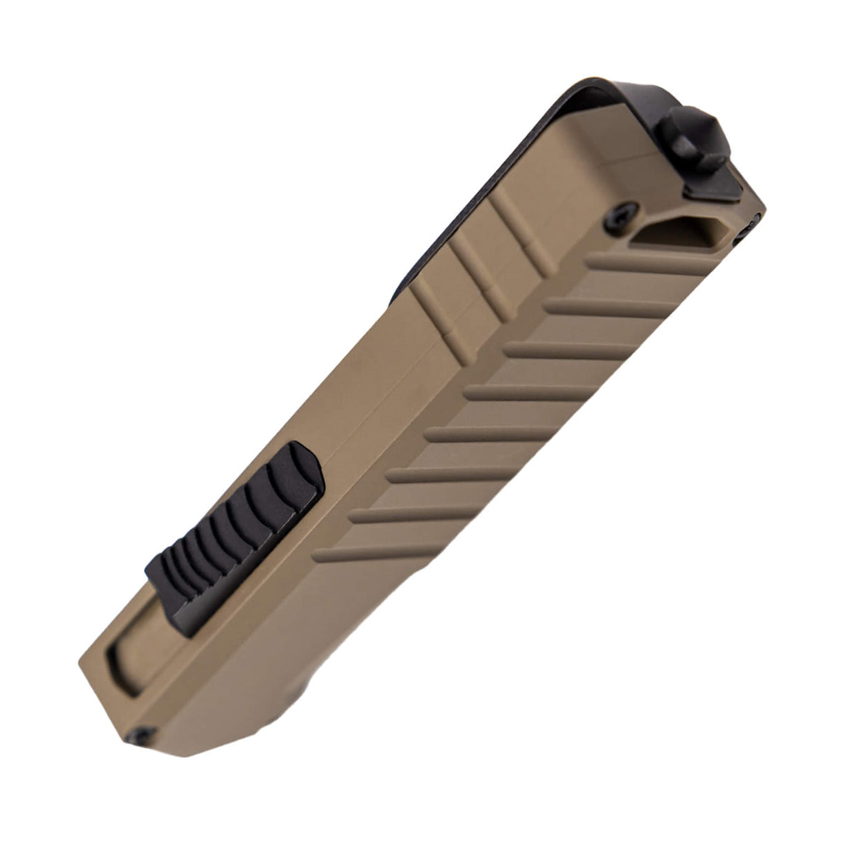 Tekto A2 Badger OTF Auto Knife Aluminum Desert 1.85in Black Plain Tanto AUTKA2S-T6BR-D2BK2-A1 View 6