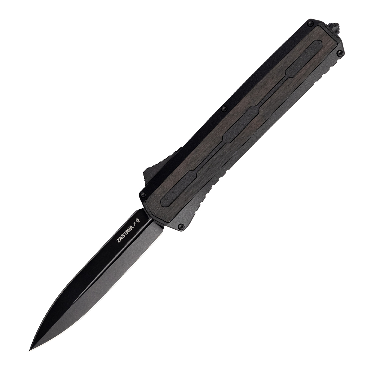 TEKTO A7 Zastava, Black Wood Handle, Black Accents, Black S35VN Dagger Blade, Fine Edge AUTKA7R-T6WBK-S35BK3-A1 View 1