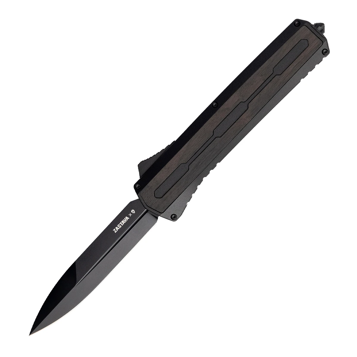 Tekto A7 Zastava OTF Automatic Knife Black Coated Spear Point/Black Wood with Black Accents AUTKA7R-T6WBK-S35BK4-A1 View 1