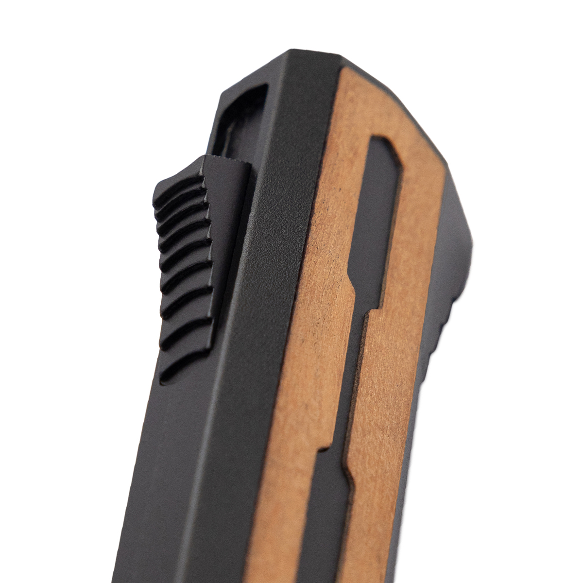 Tekto A7 Zastava OTF Automatic Knife Black Coated Spear Point/Brown Wood with Black Accents AUTKA7R-T6WBR-S35BK3-A1 View 4