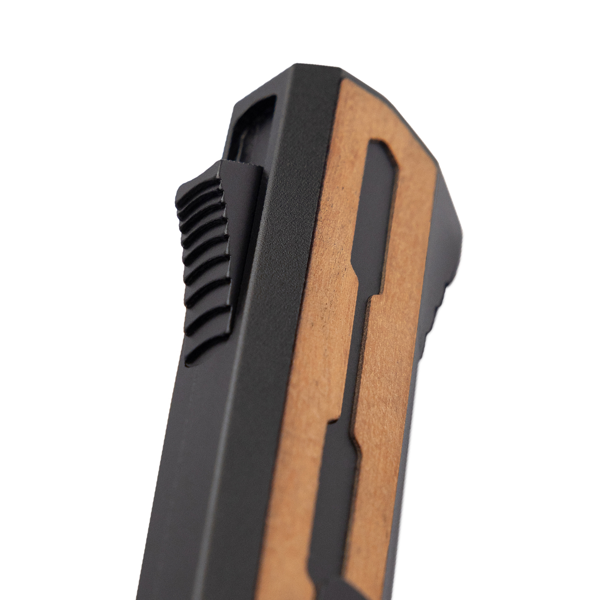 Tekto A7 Zastava OTF Automatic Knife Black Coated Dagger/Brown Wood with Black Accents AUTKA7R-T6WBR-S35BK4-A1 View 4