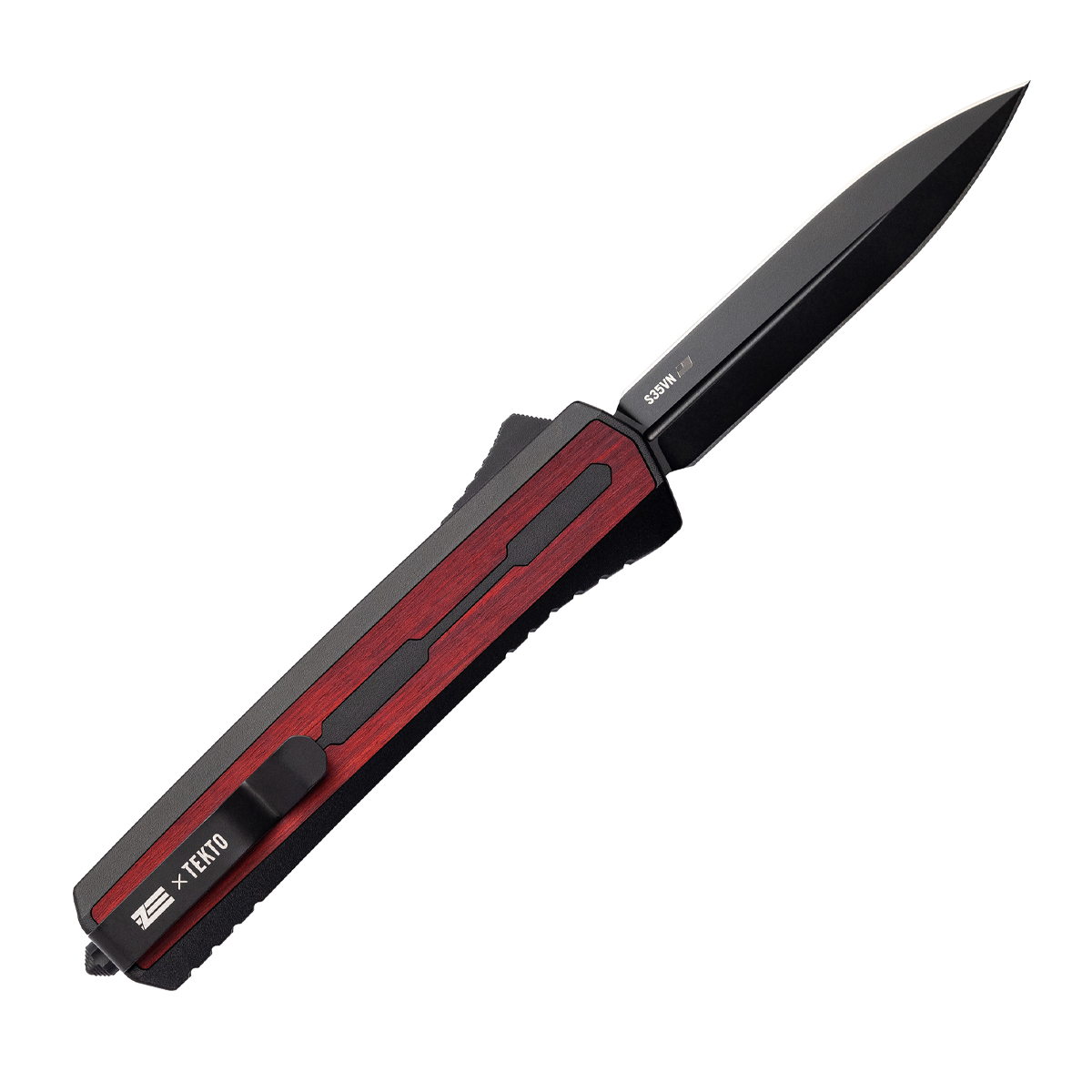Tekto A7 Zastava OTF Automatic Knife Black S35VN Dagger/Red Wood Handles AUTKA7R-T6WRD-S35BK3-A1 View 2