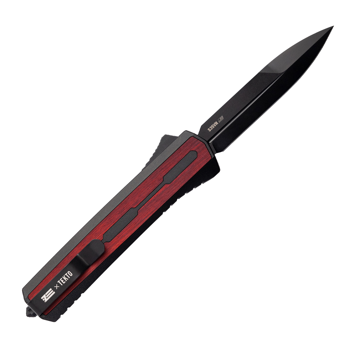 Tekto A7 Zastava OTF Automatic Knife Black Coated Spear Point/Red Wood with Black Accents AUTKA7R-T6WRD-S35BK4-A1 View 2