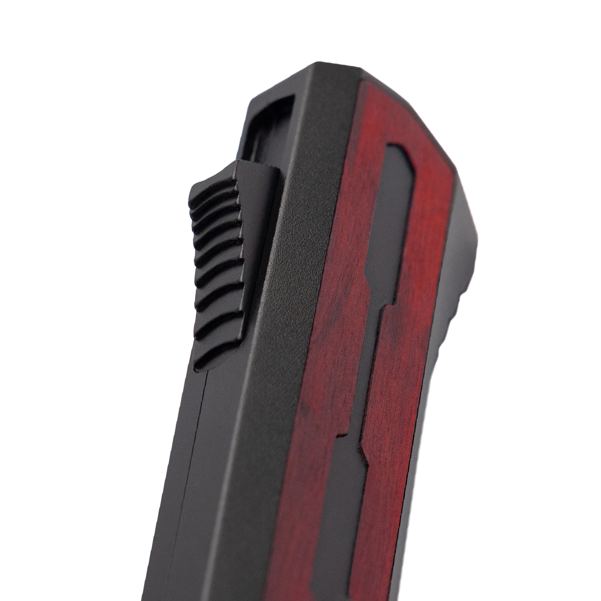 Tekto A7 Zastava OTF Automatic Knife Black Coated Spear Point/Red Wood with Black Accents AUTKA7R-T6WRD-S35BK4-A1 View 4