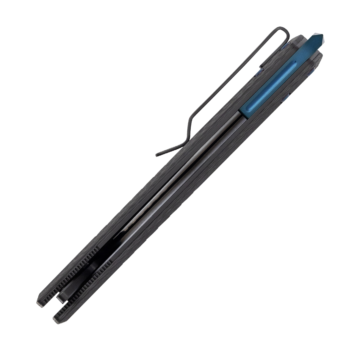 Tekto F1 Alpha Linerlock Folding Knife Blackout D2/Forged Carbon Fiber with Blue Accents TKF1R-CCBK-D2BK1-A2 View 3