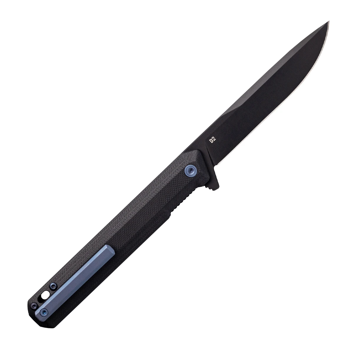 TEKTO F2 Bravo G-10 3.3in Plain Black Titanium Drop Point Blue Accents TKF2R-G1BK-D2BK1-A2 View 2