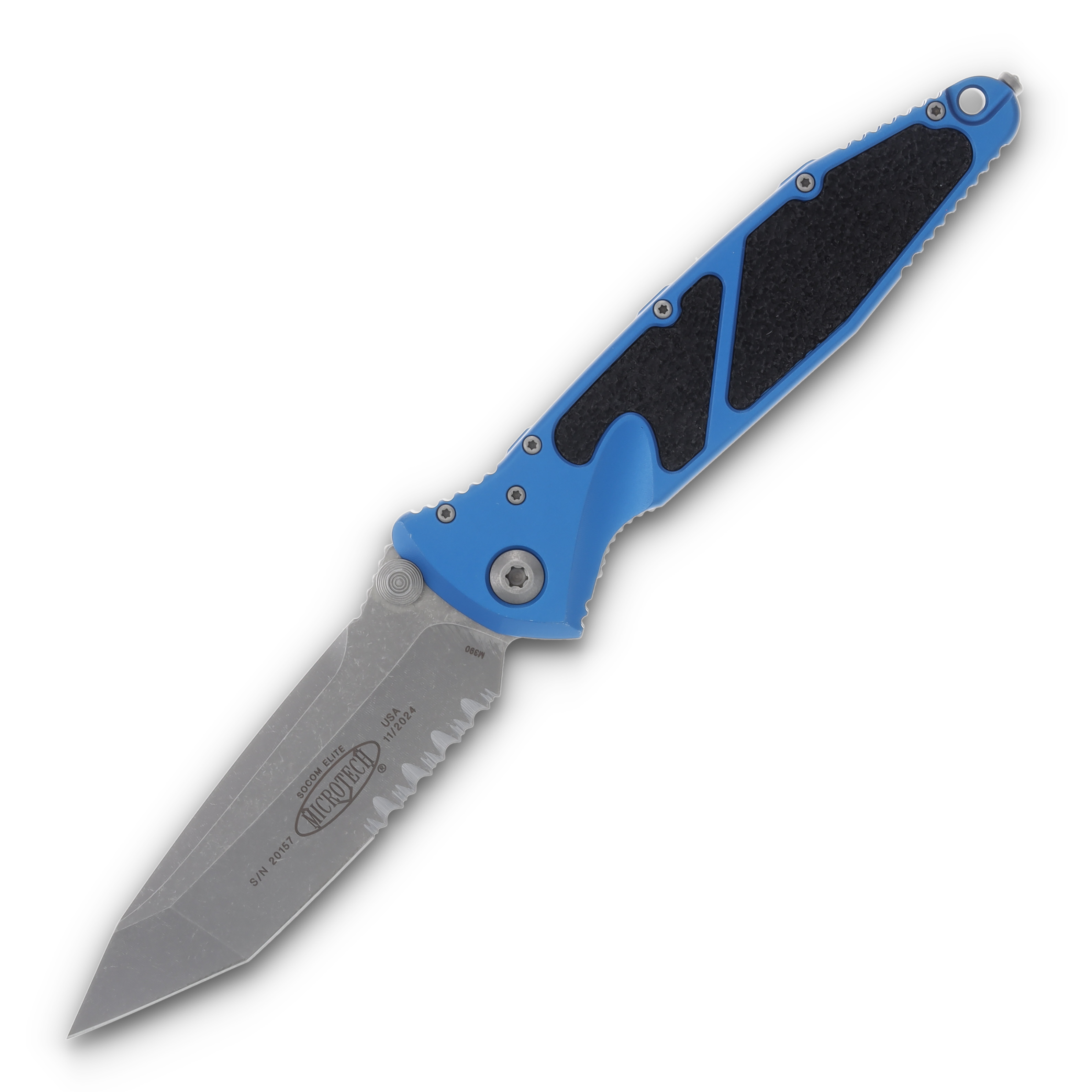 Microtech Socom Elite T/E Apocalyptic Part Serrate Blue AUMT16111APBL View 1