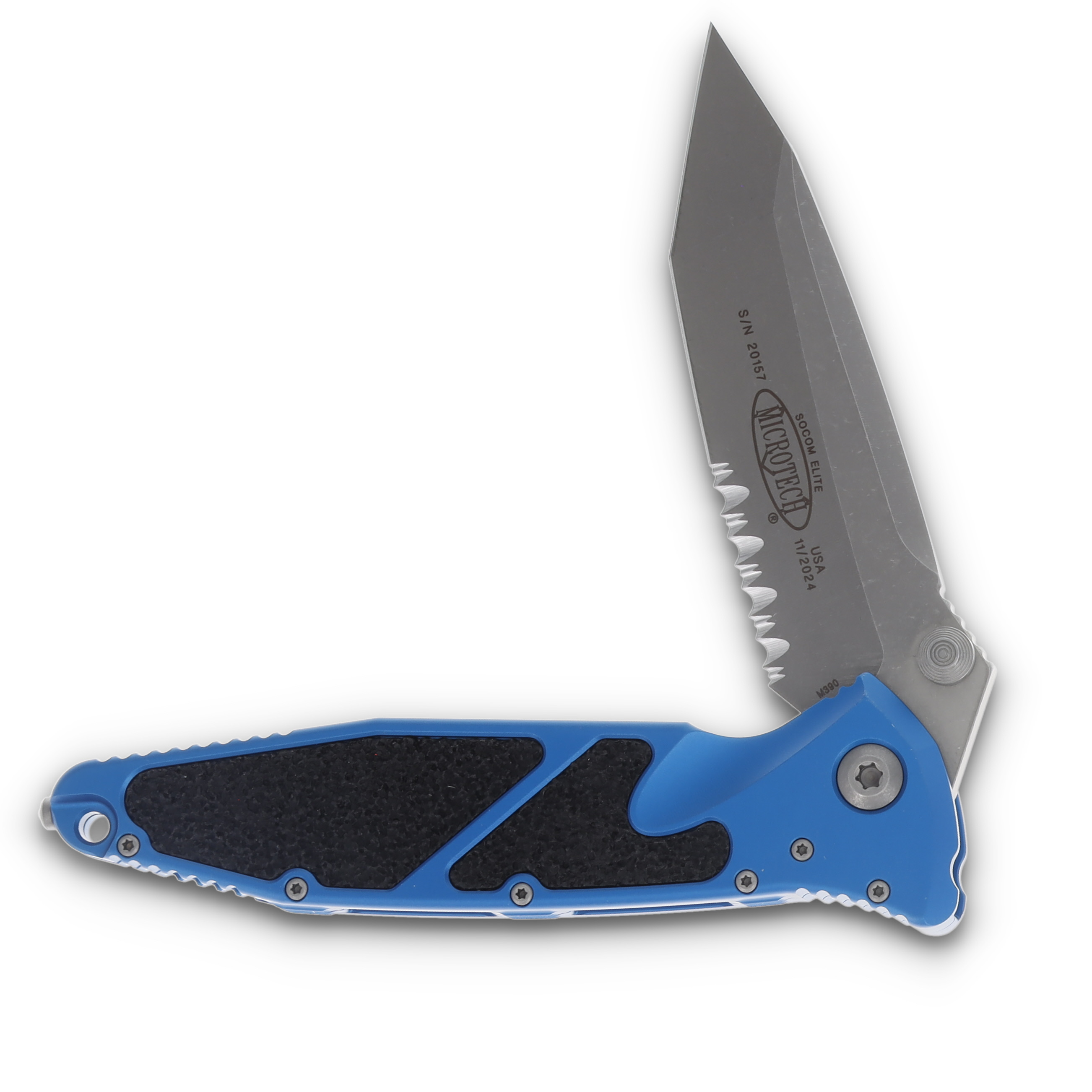 Microtech Socom Elite T/E Apocalyptic Part Serrate Blue AUMT16111APBL View 3