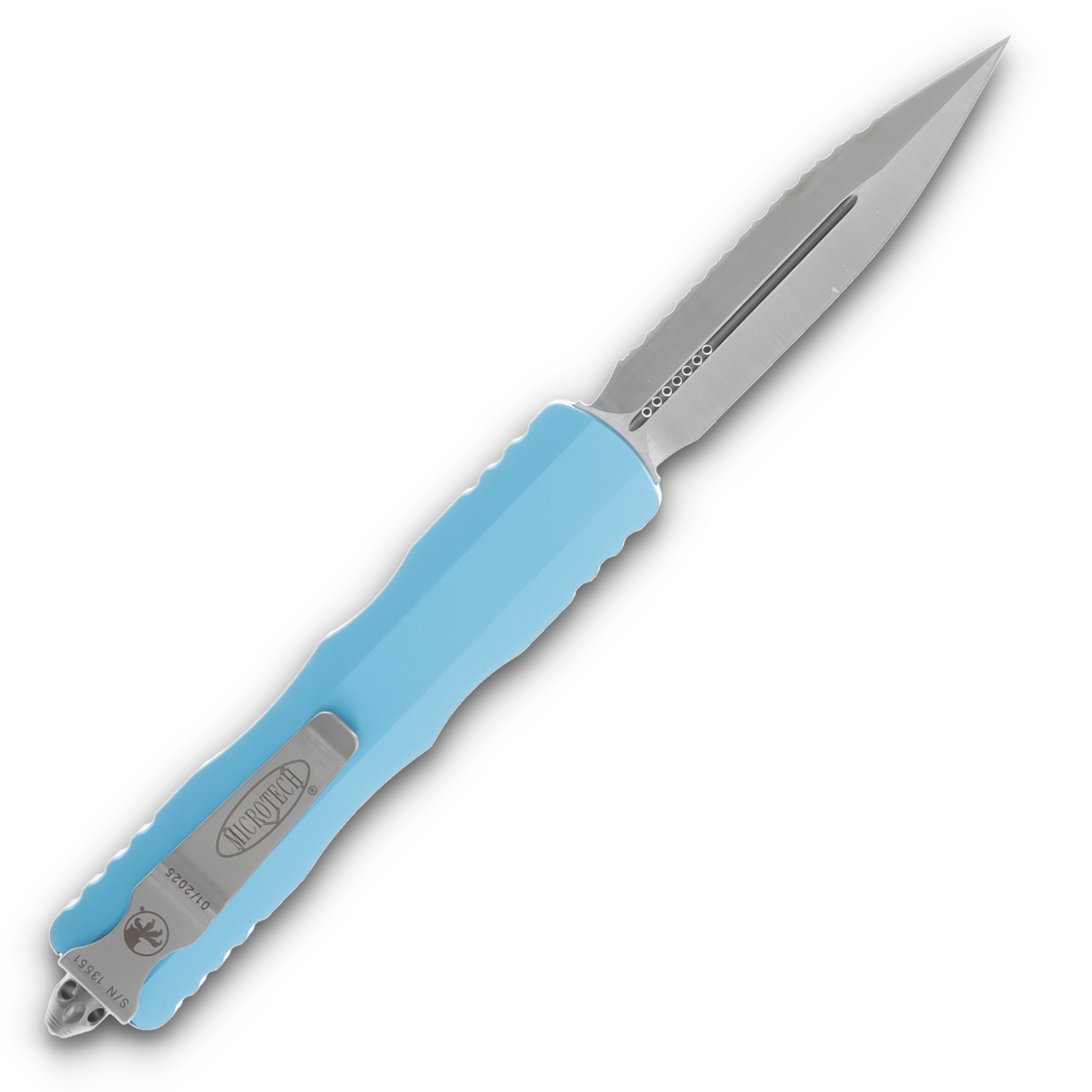 Microtech Knives Dirac Delta DE OTF Auto Turquoise 3.75in Full Serr Dagger AUMT2276TQ View 2