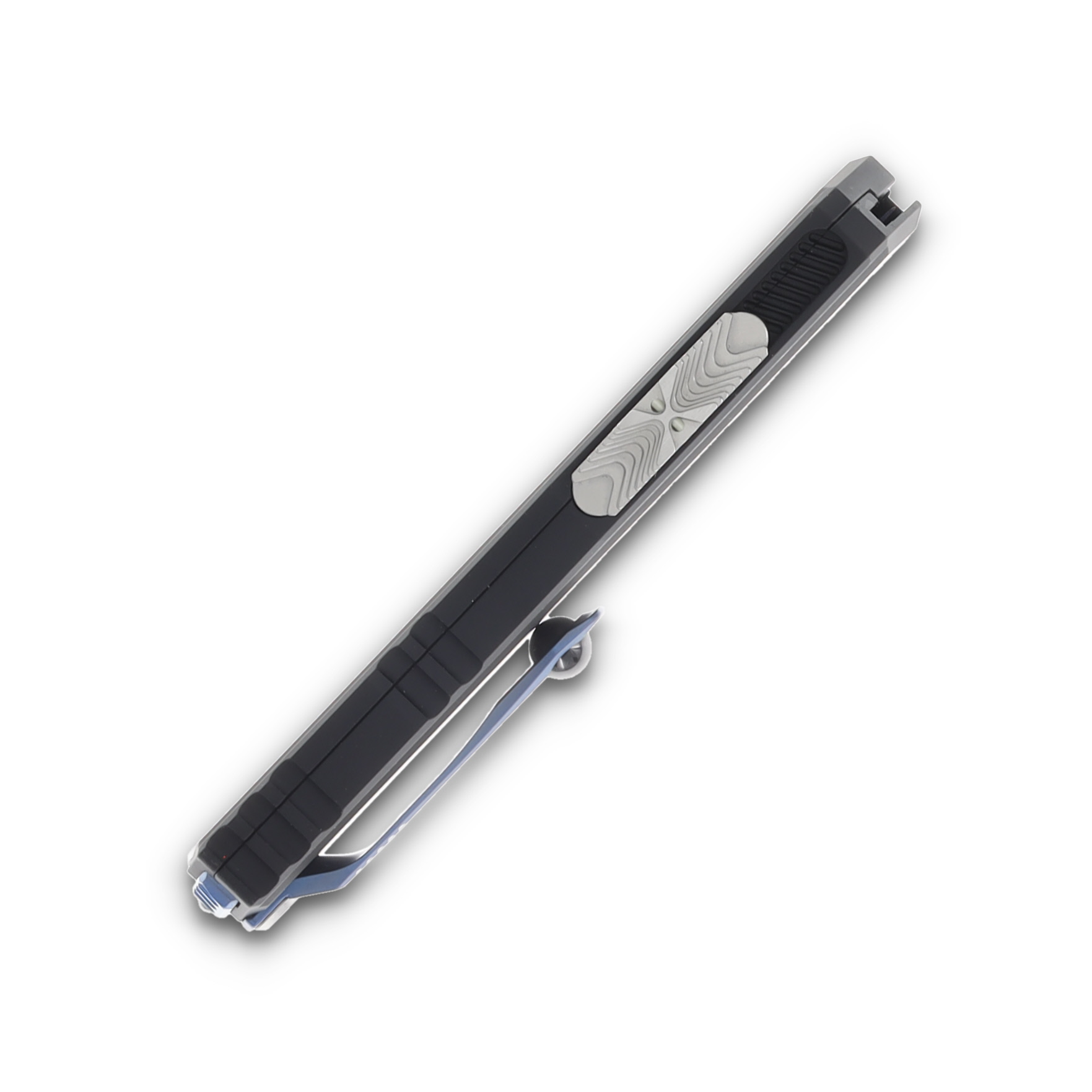 Microtech Cypher II - Wharncliffe Marfione Select Blued Baker Forge Coppermai Damascus Hefted Alloy Hard Cut W/ Blue Titanium Accents And Tritium Button Insert AUMT124116MS1 View 5