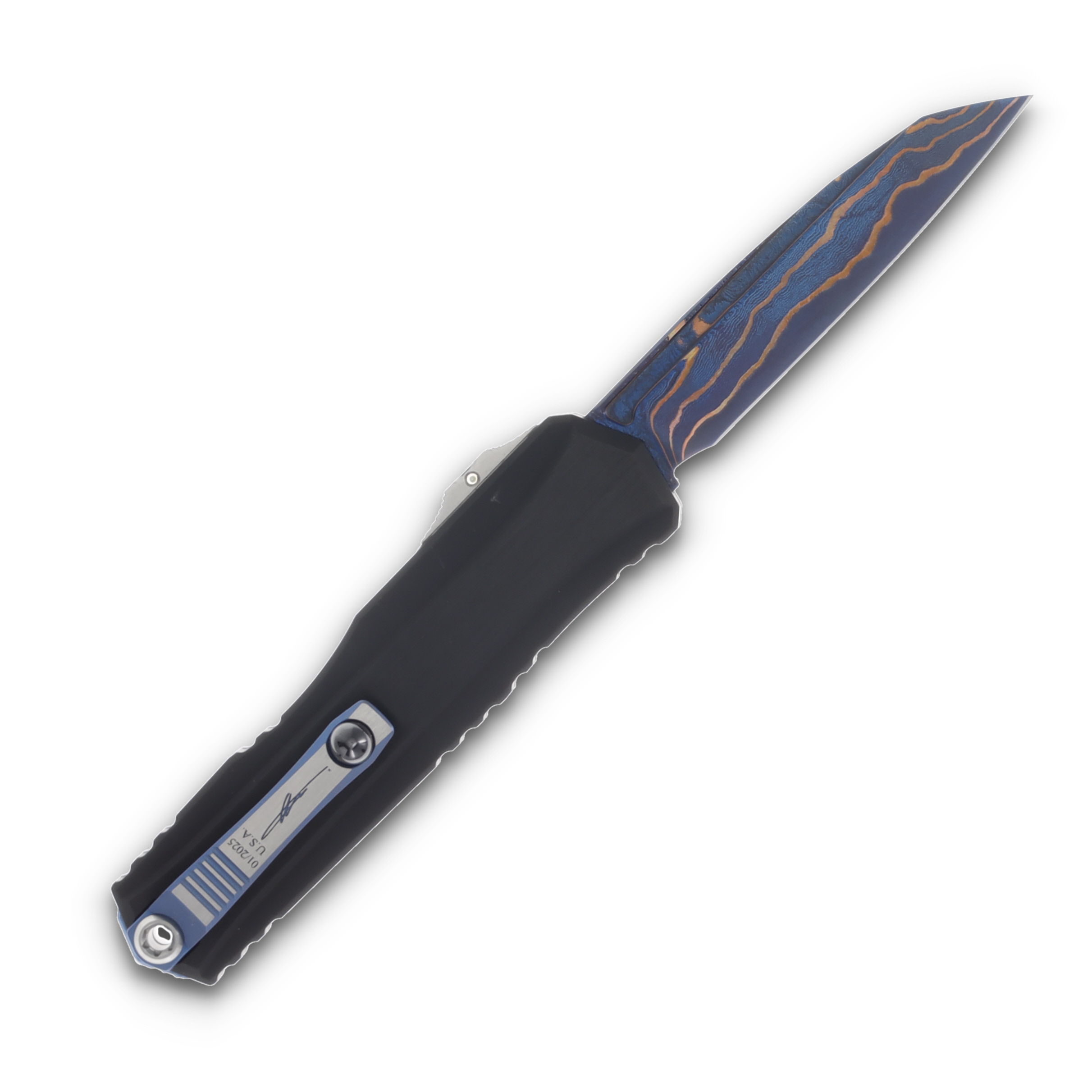 Microtech Cypher II - Wharncliffe Marfione Select Blued Baker Forge Coppermai Damascus Hefted Alloy Hard Cut W/ Blue Titanium Accents And Tritium Button Insert AUMT124116MS1 View 2