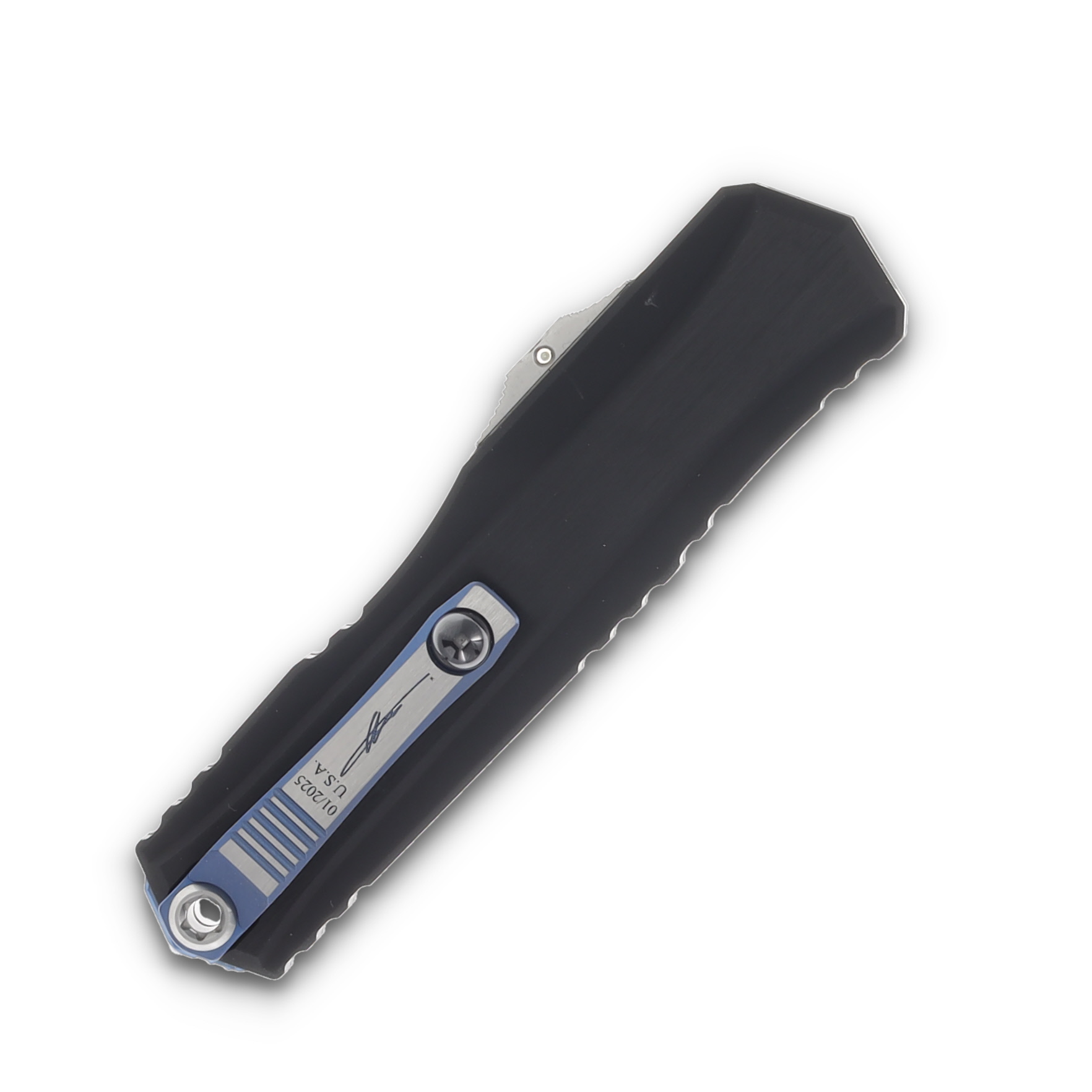 Microtech Cypher II - Wharncliffe Marfione Select Blued Baker Forge Coppermai Damascus Hefted Alloy Hard Cut W/ Blue Titanium Accents And Tritium Button Insert AUMT124116MS1 View 4
