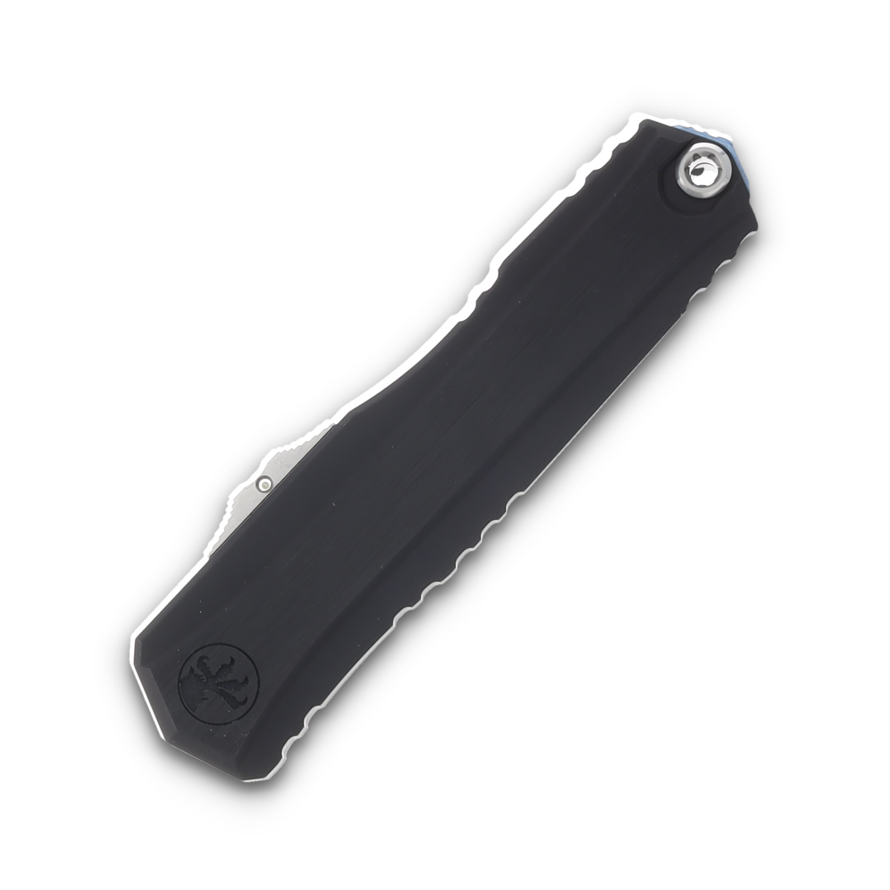 Microtech Cypher II - Wharncliffe Marfione Select Blued Baker Forge Coppermai Damascus Hefted Alloy Hard Cut W/ Blue Titanium Accents And Tritium Button Insert AUMT124116MS1 View 3
