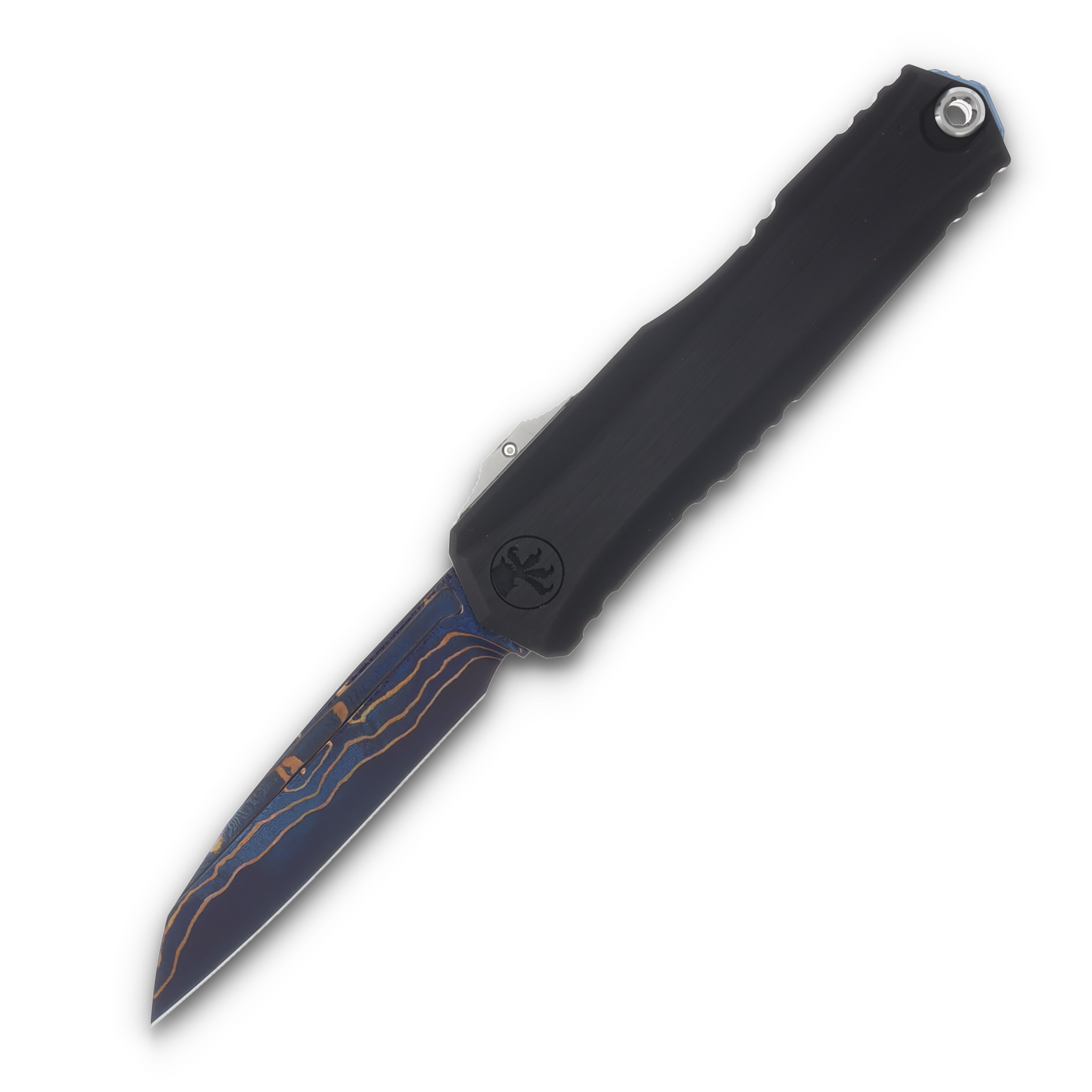Microtech Cypher II - Wharncliffe Marfione Select Blued Baker Forge Coppermai Damascus Hefted Alloy Hard Cut W/ Blue Titanium Accents And Tritium Button Insert AUMT124116MS1 View 1