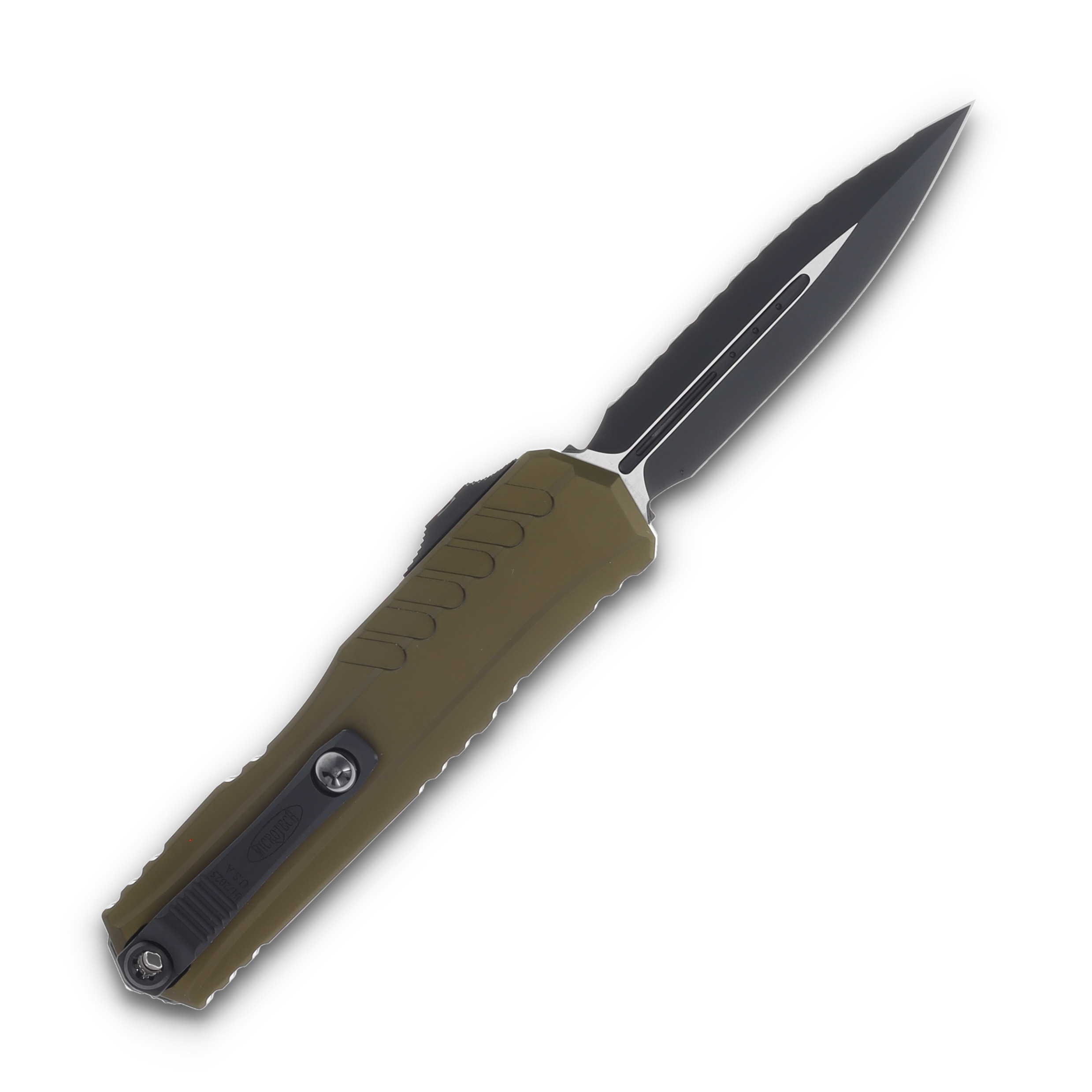 Microtech Knives Cypher II OTF OD Green 3.5in Full Serrated Black Dagger AUMT12423OD View 2