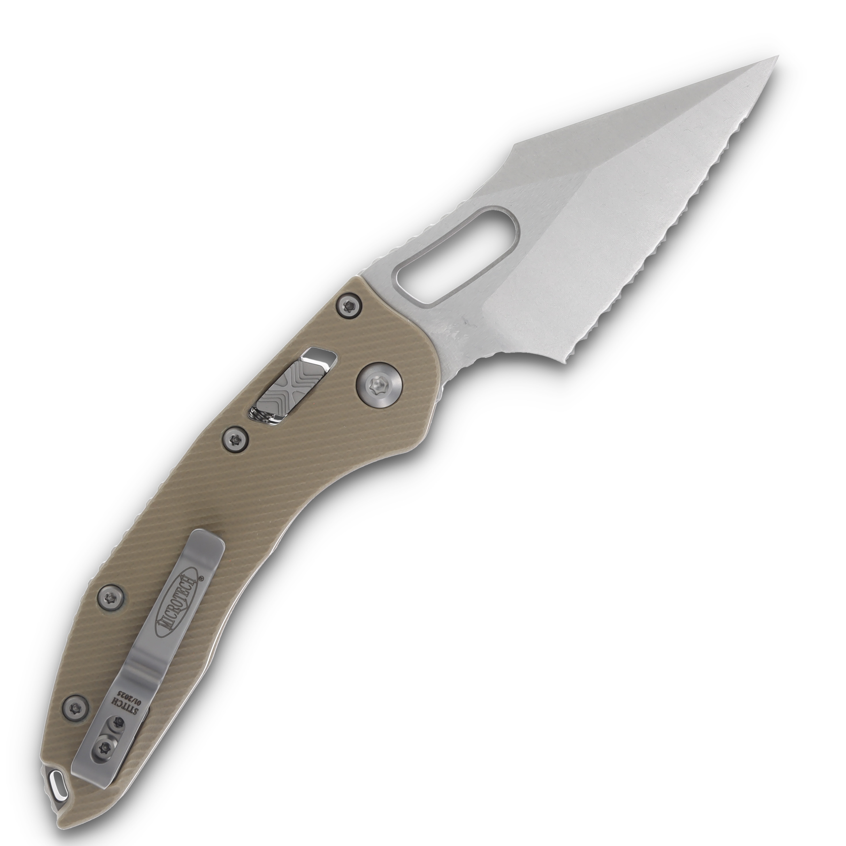 Microtech Stitch RAM-LOK Folding Knife Stonewash Serrated/Fluted Tan G-10 MT169RL12FLGTTA View 2