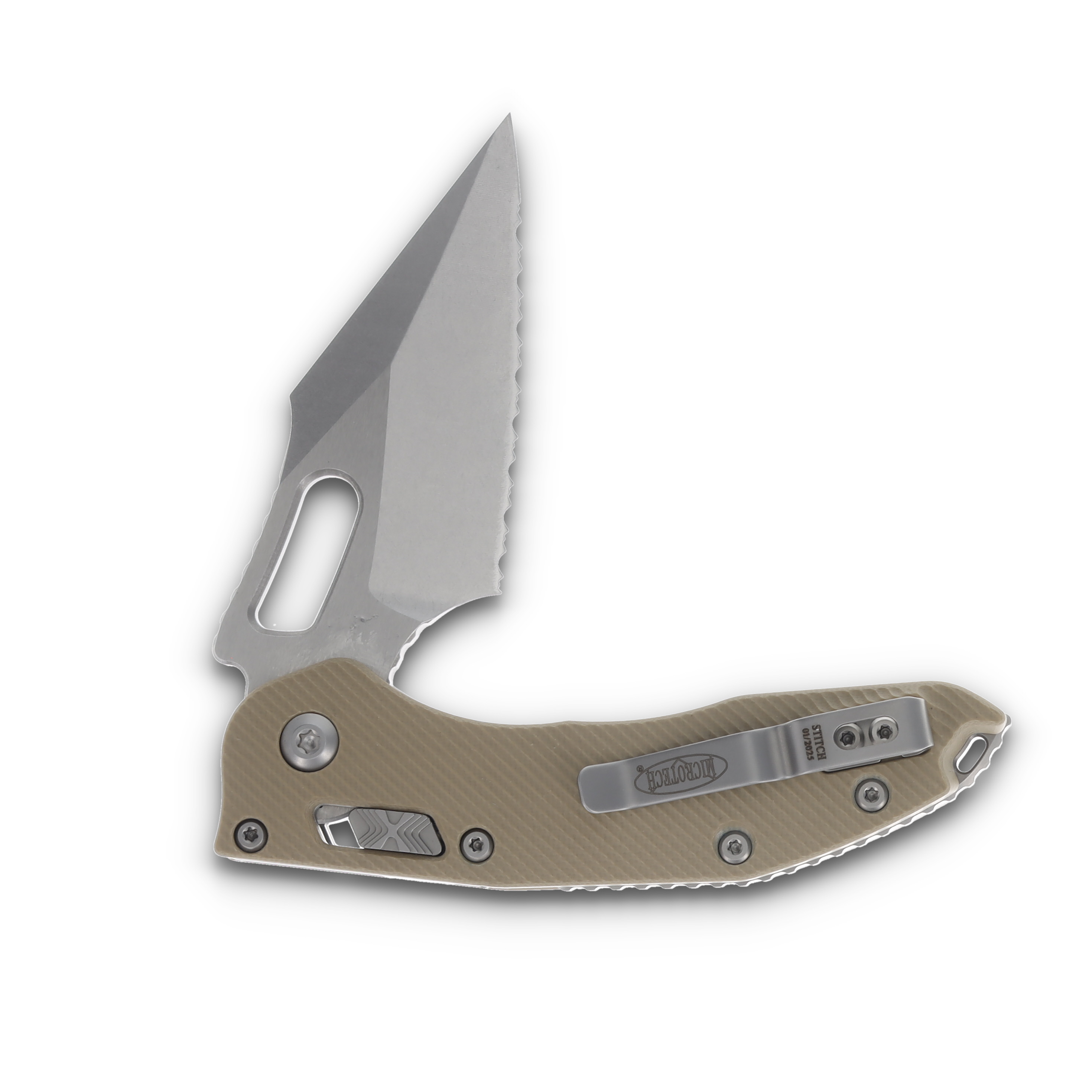 Microtech Stitch RAM-LOK Folding Knife Stonewash Serrated/Fluted Tan G-10 MT169RL12FLGTTA View 4