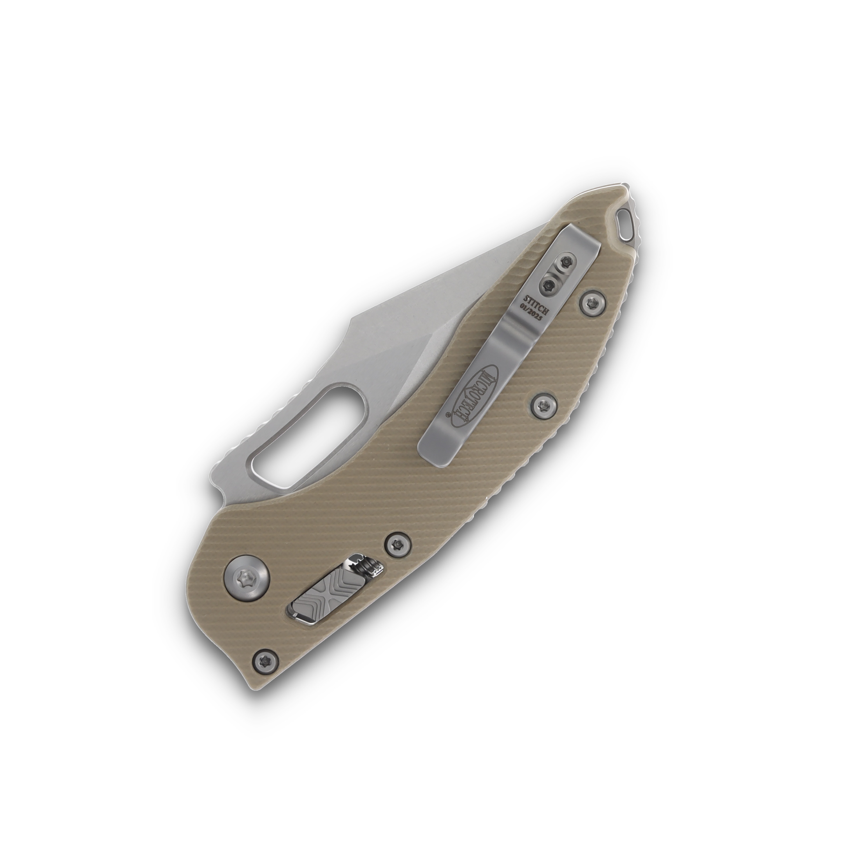 Microtech Stitch RAM-LOK Folding Knife Stonewash Serrated/Fluted Tan G-10 MT169RL12FLGTTA View 6