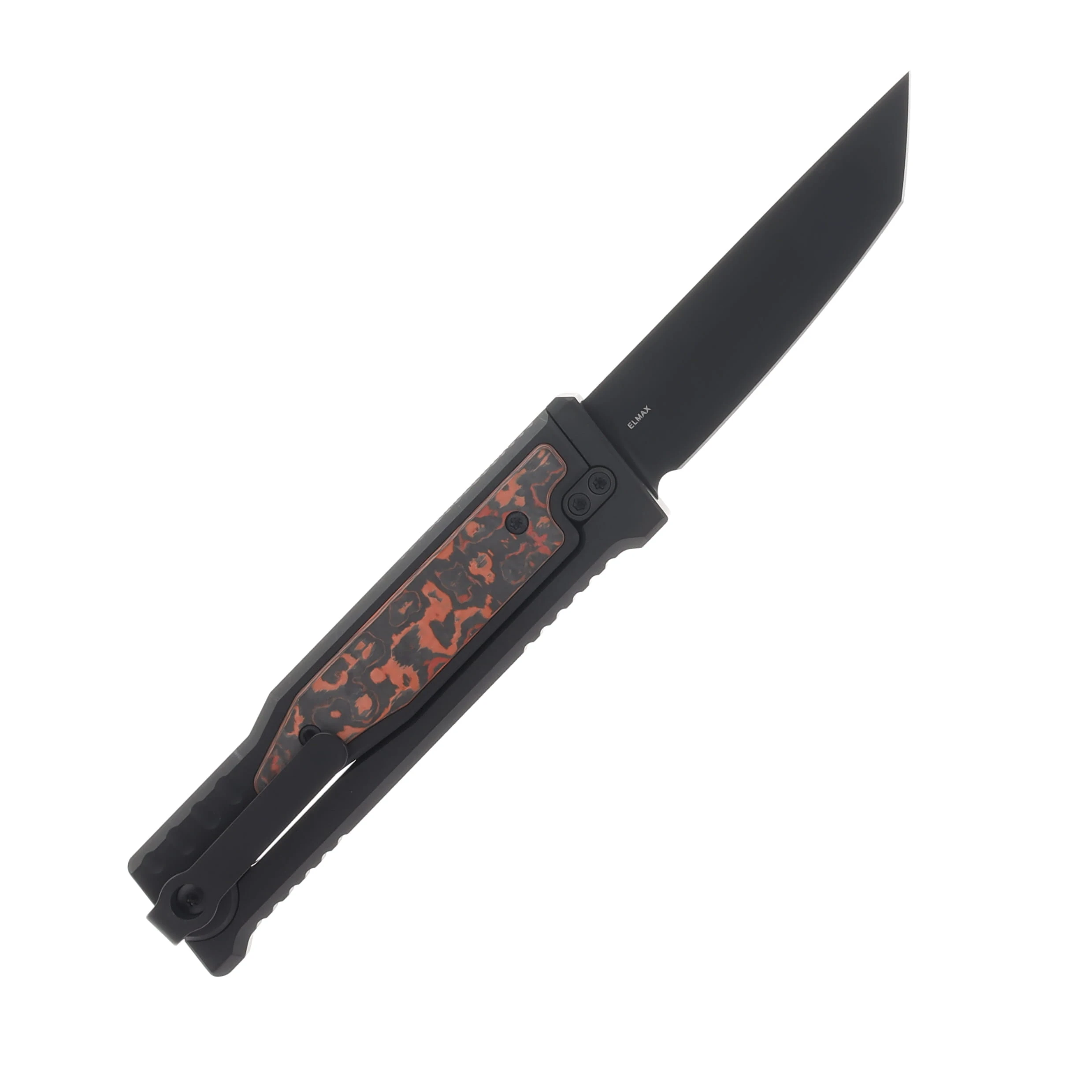 Reate EXO-M Safety Lock Gravity Knife Black PVD Tanto (SMKW Exclusive Lava Flow Fat Carbon Insert) REEXO-M11 View 2
