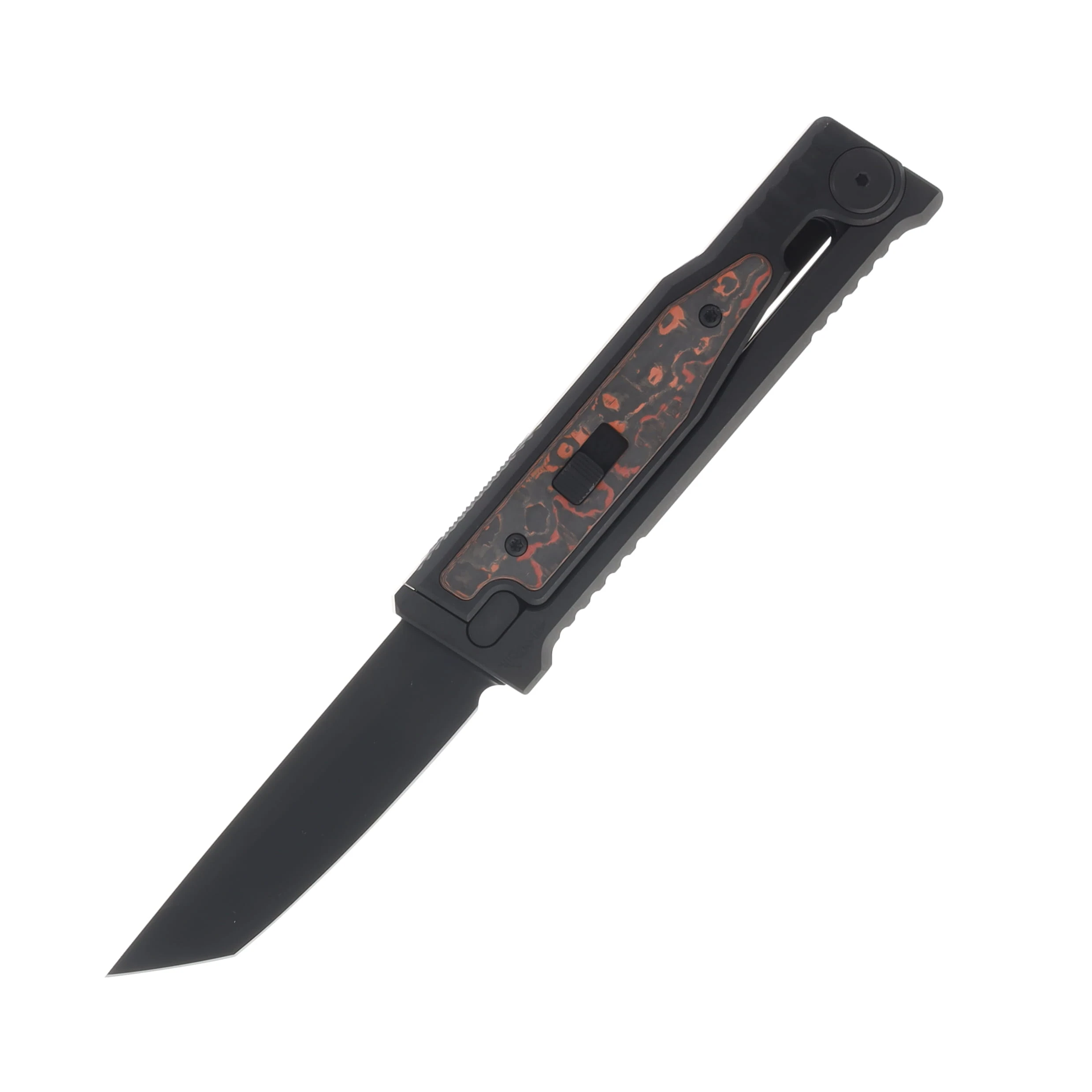 Reate EXO-M Safety Lock Gravity Knife Black PVD Tanto (SMKW Exclusive Lava Flow Fat Carbon Insert) REEXO-M11 View 1