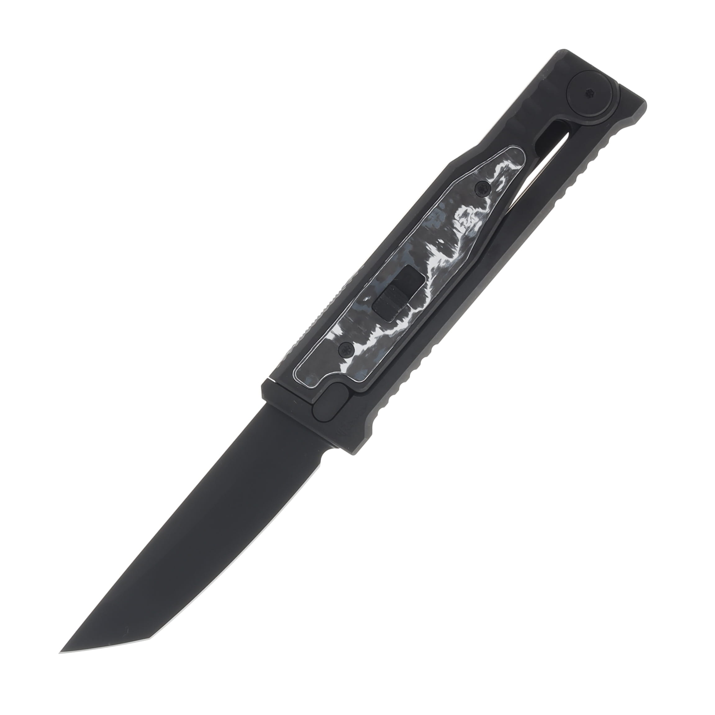 Reate EXO-M afety Lock Gravity Knife Black PVD Tanto (SMKW Exclusive White Storm Fat Carbon Insert) REEXO-M12 View 1