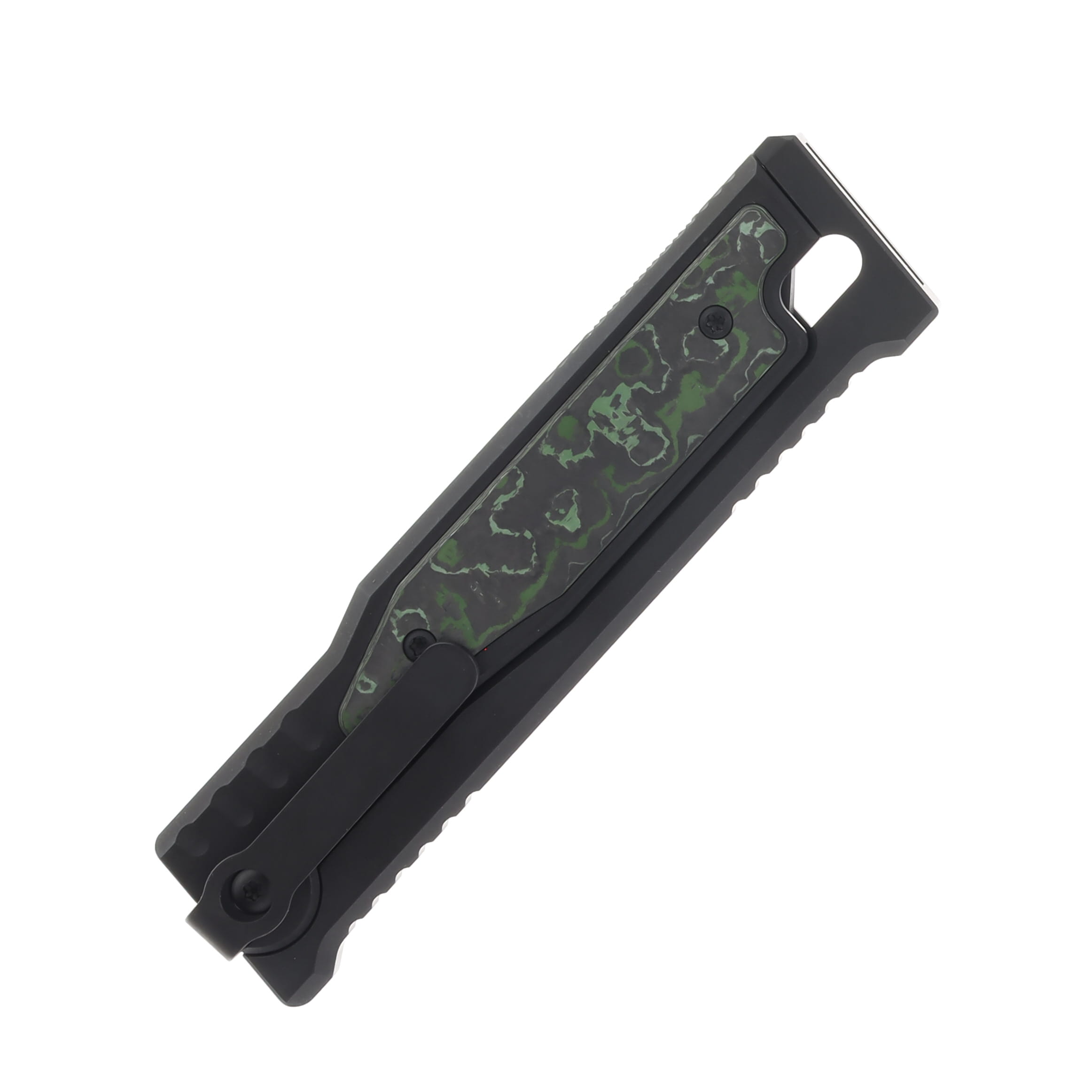 Reate EXO-M Safety Lock Gravity Knife Black PVD Tanto (SMKW Exclusive Jungle Wear Fat Carbon Insert) REEXO-M15 View 2