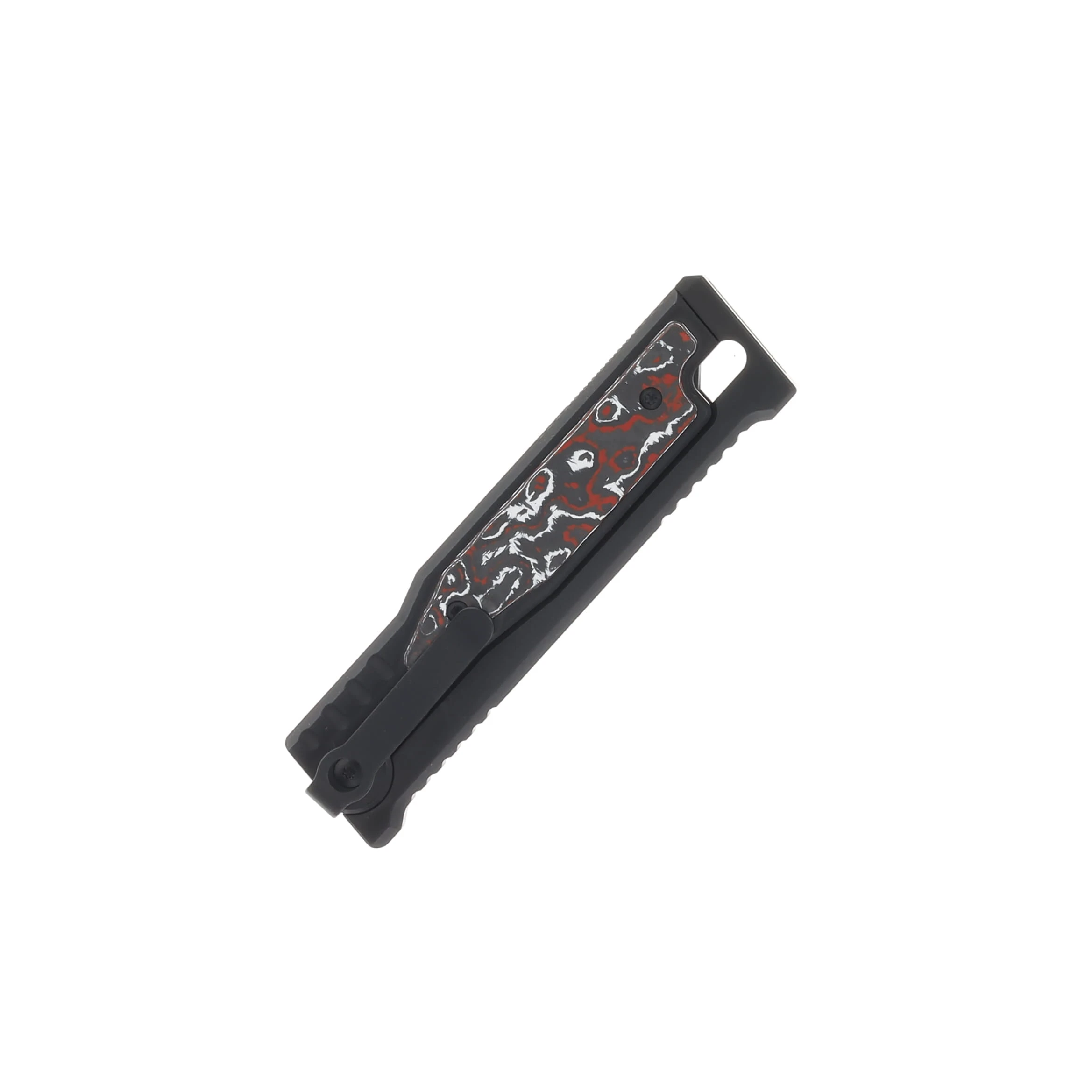 Reate EXO-M Safety Lock Gravity Knife Black PVD Tanto (SMKW Exclusive Snow Fire Fat Carbon Insert) REEXO-M20 View 4