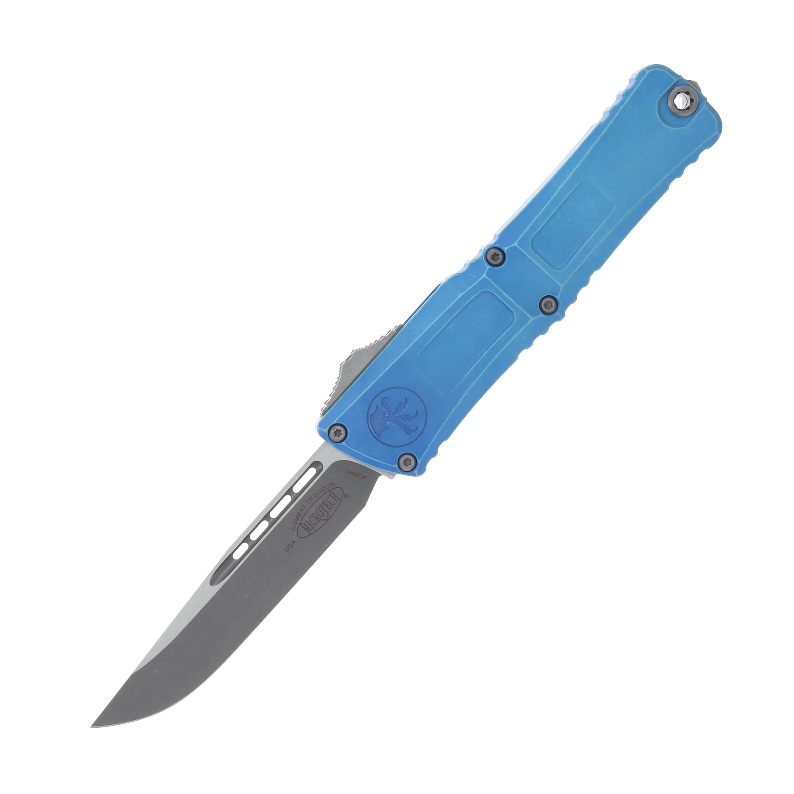 Microtech Knives OTF Combat Troodon Gen III Marbled Blue 4.0in Apoc Drop Point AUMT114310MBL View 1