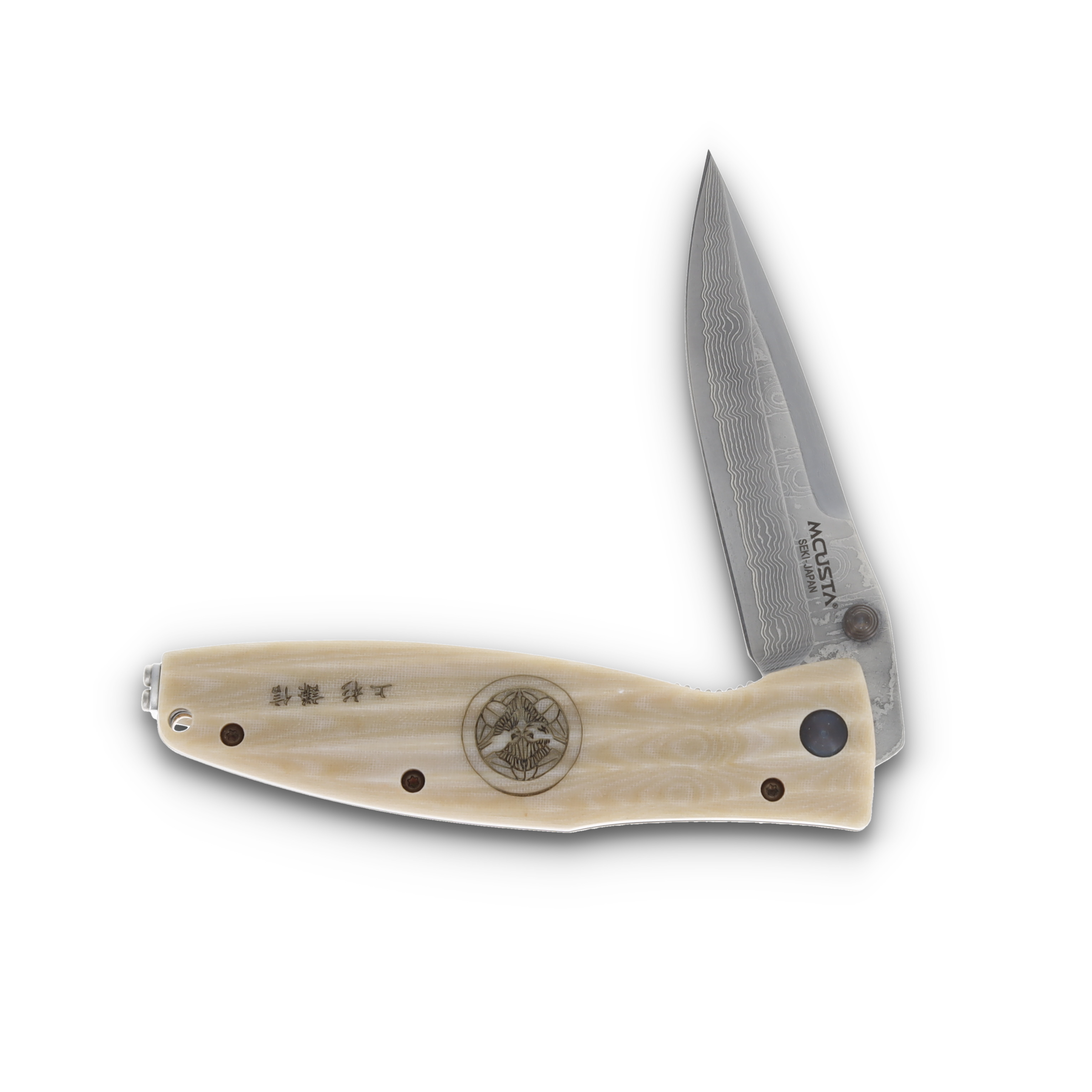 Mcusta MC-18 Sengoku  Busho Damascus Folding Knife White Micarta MC-185D View 2